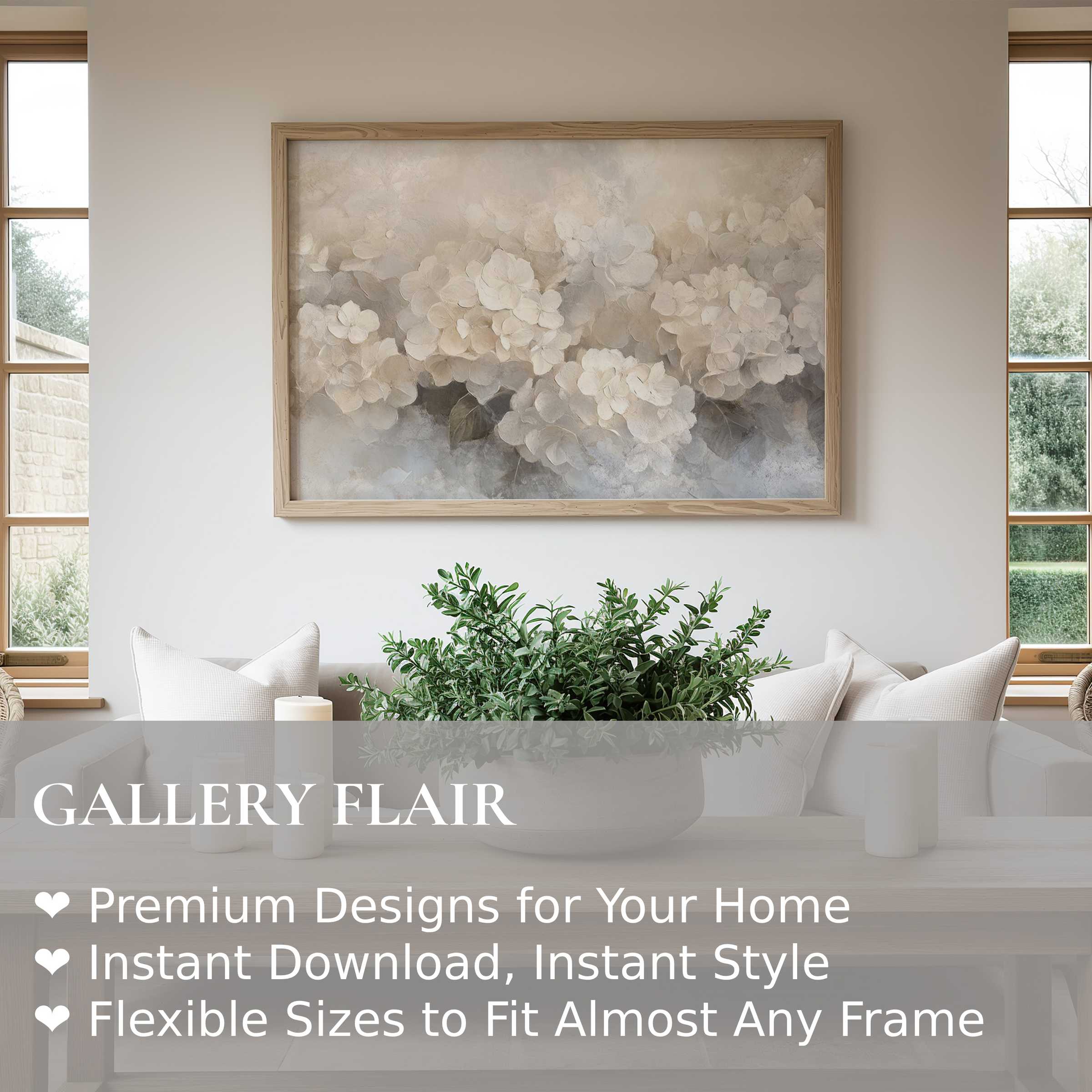 Botanical wall art print featuring soft, radiant hydrangeas in neutral tones, enhancing serene modern farmhouse interiors