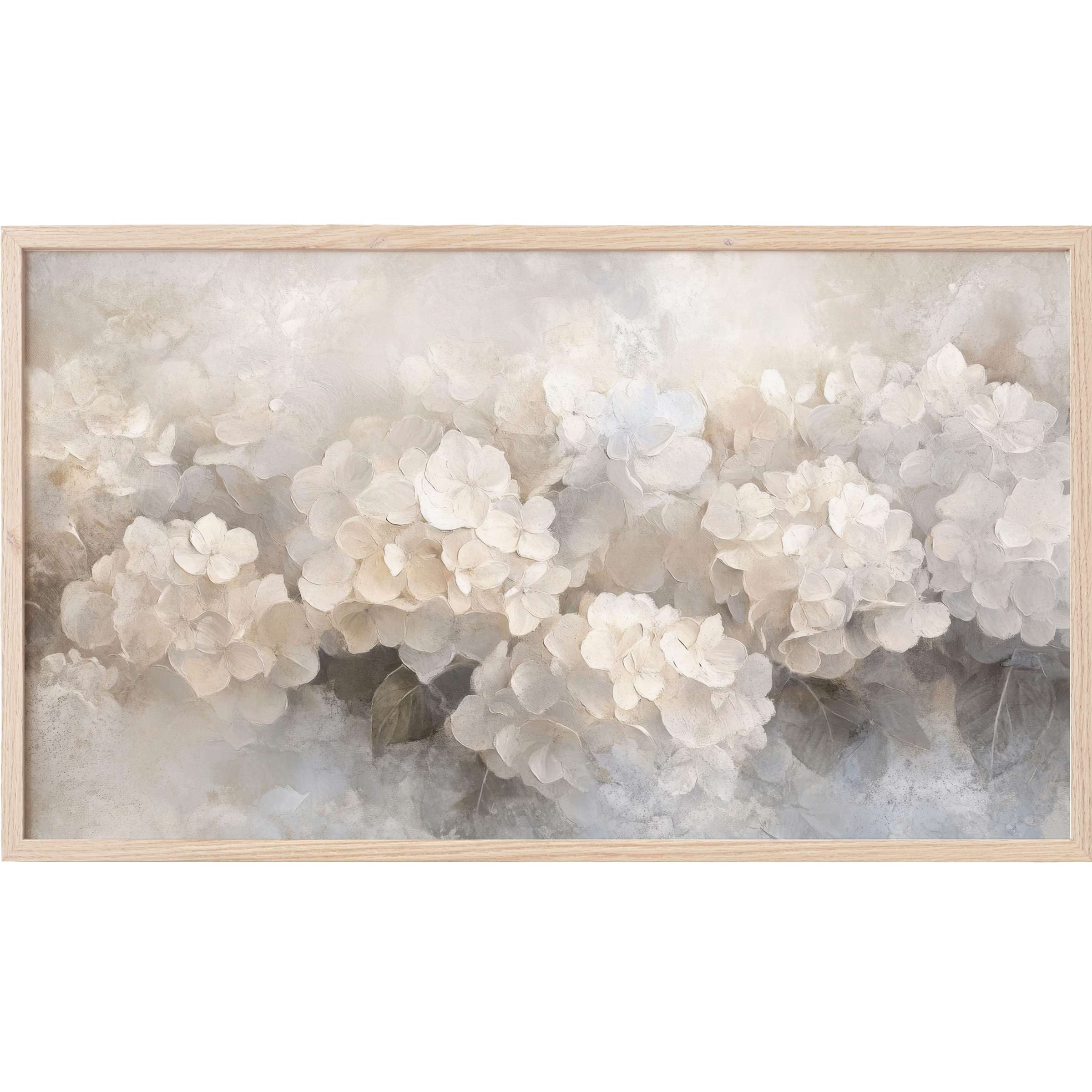 Soft white blooms in muted tones, textured and serene botanical Frame TV Art for refined, modern interiors