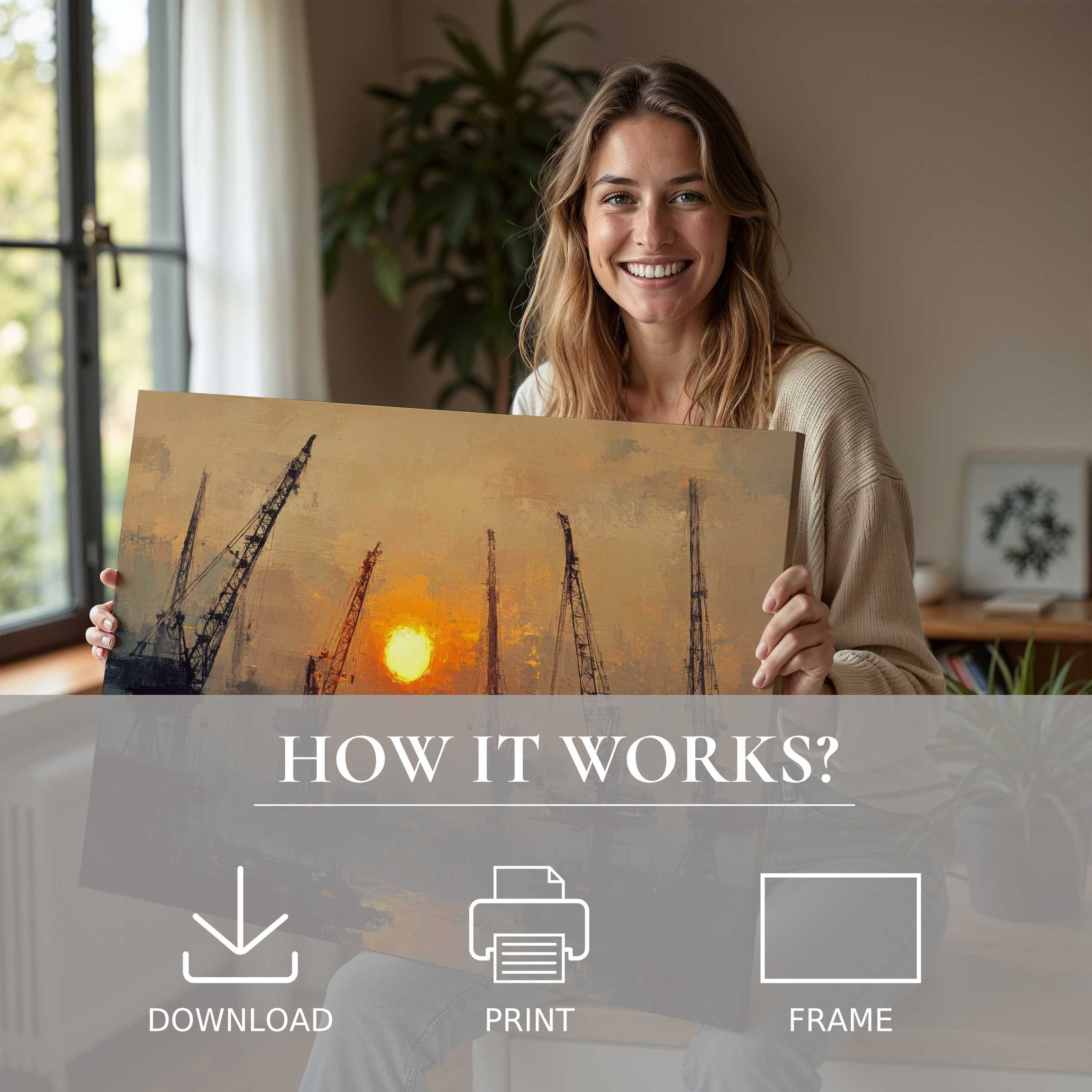 A radiant woman in a stylish, sunlit home shares a warm moment with an urban digital art print, inviting joy and effortless elegance