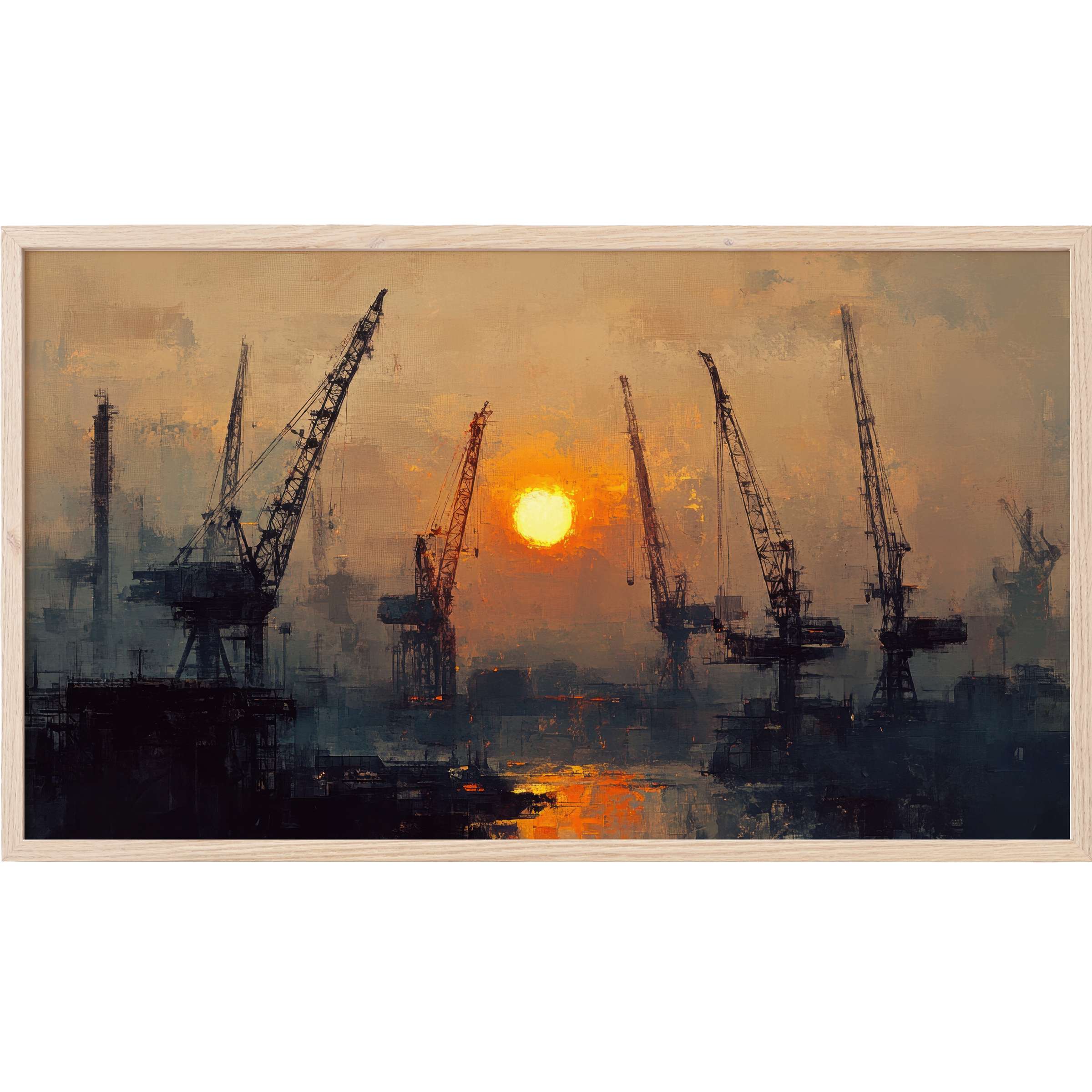 Urban Frame TV Art featuring moody cranes at sunset in warm oranges and deep blues, evoking industrial elegance