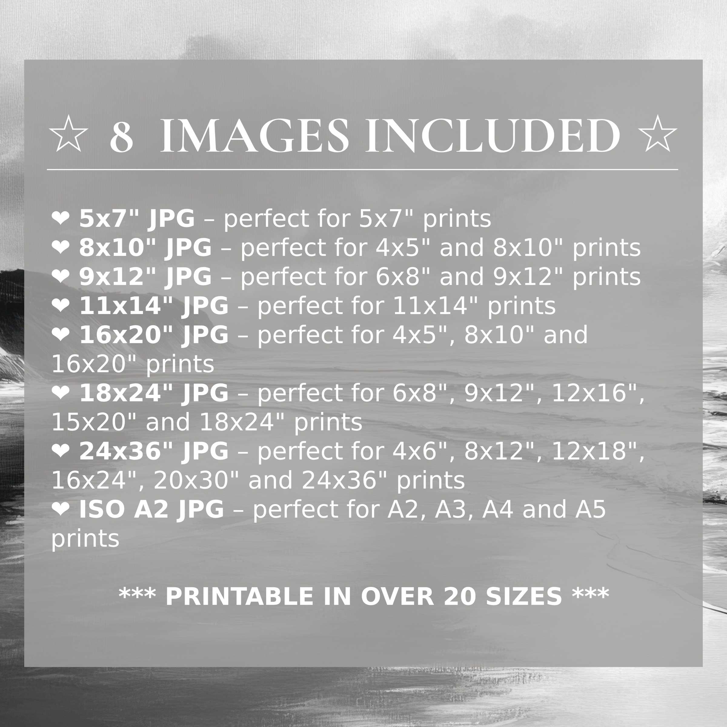 Elegant black and white digital print radiating timeless boldness and calm, includes 8 high-quality sizes for versatile modern decor