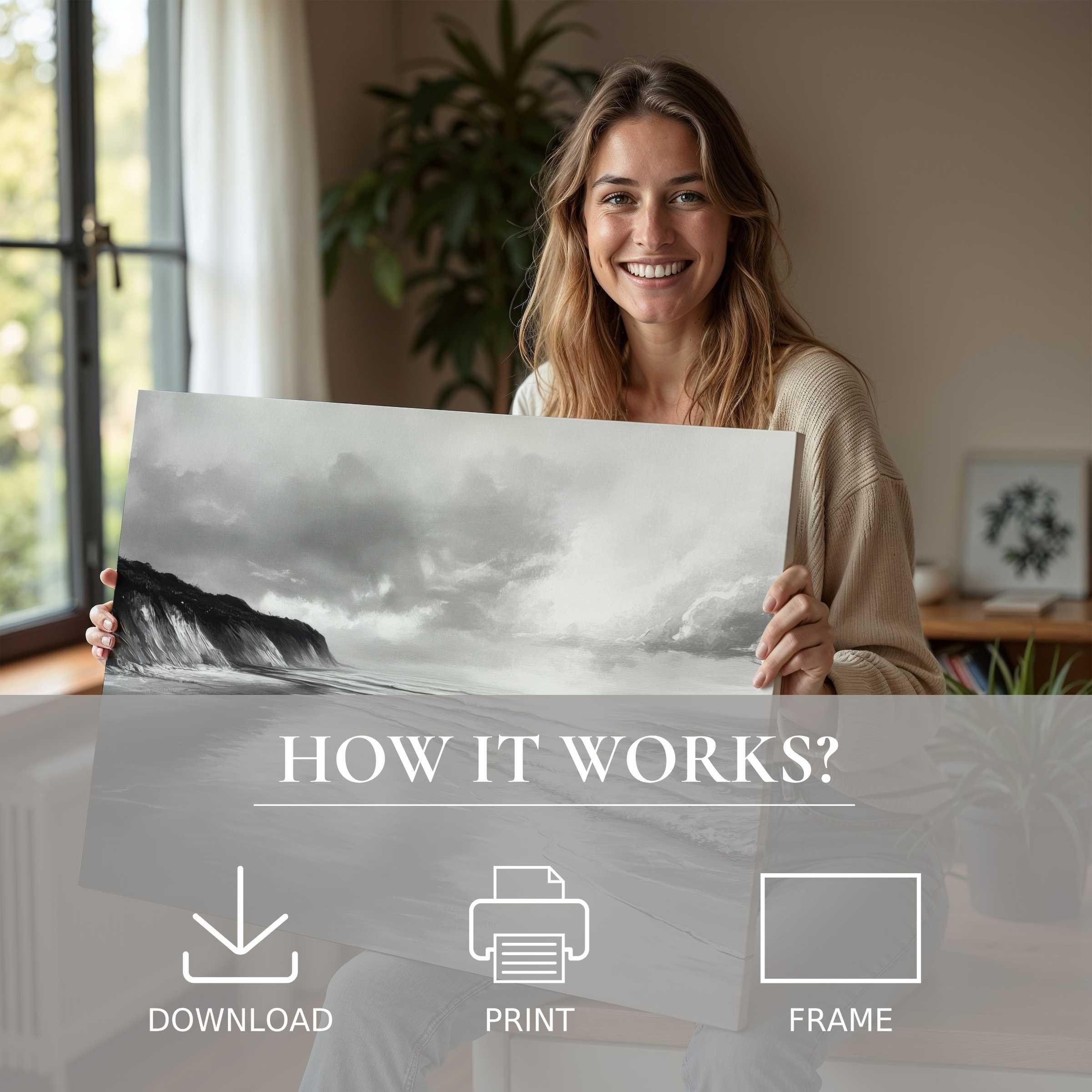 A radiant moment of connection and joy with a black and white digital art print, elevating serene modern interiors through effortless elegance