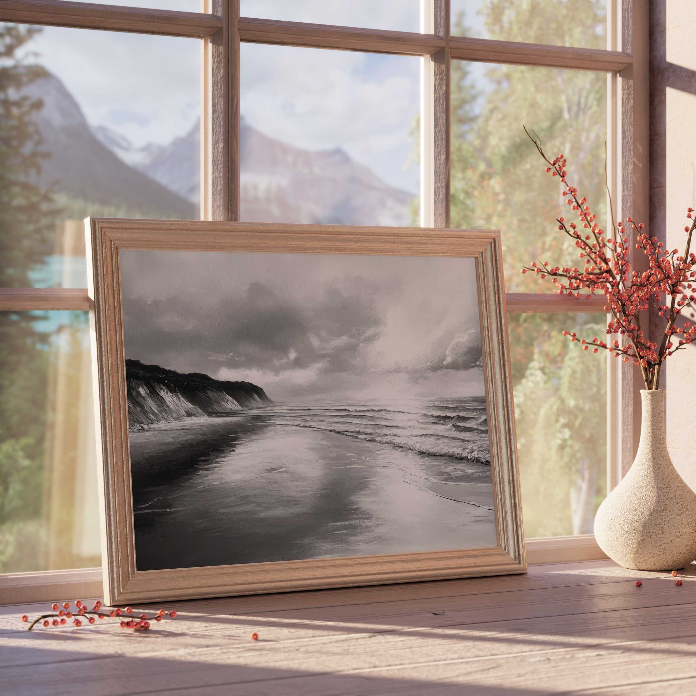 Black and white downloadable art capturing serene coastal waves, perfect for curated, tranquil, design-forward interiors