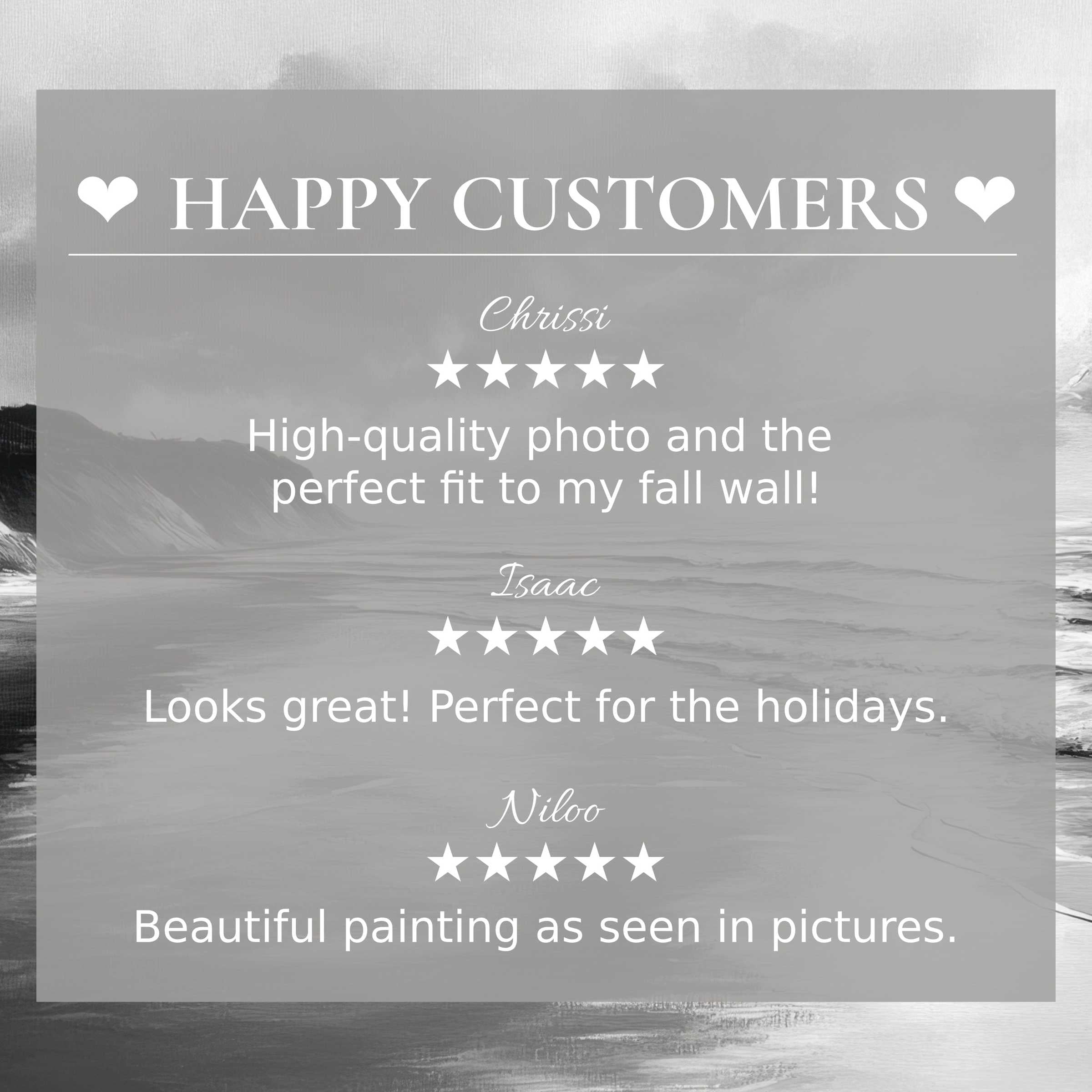 Elegant black and white art for Frame TV with serene coastal background, showcasing happy customer reviews and trust