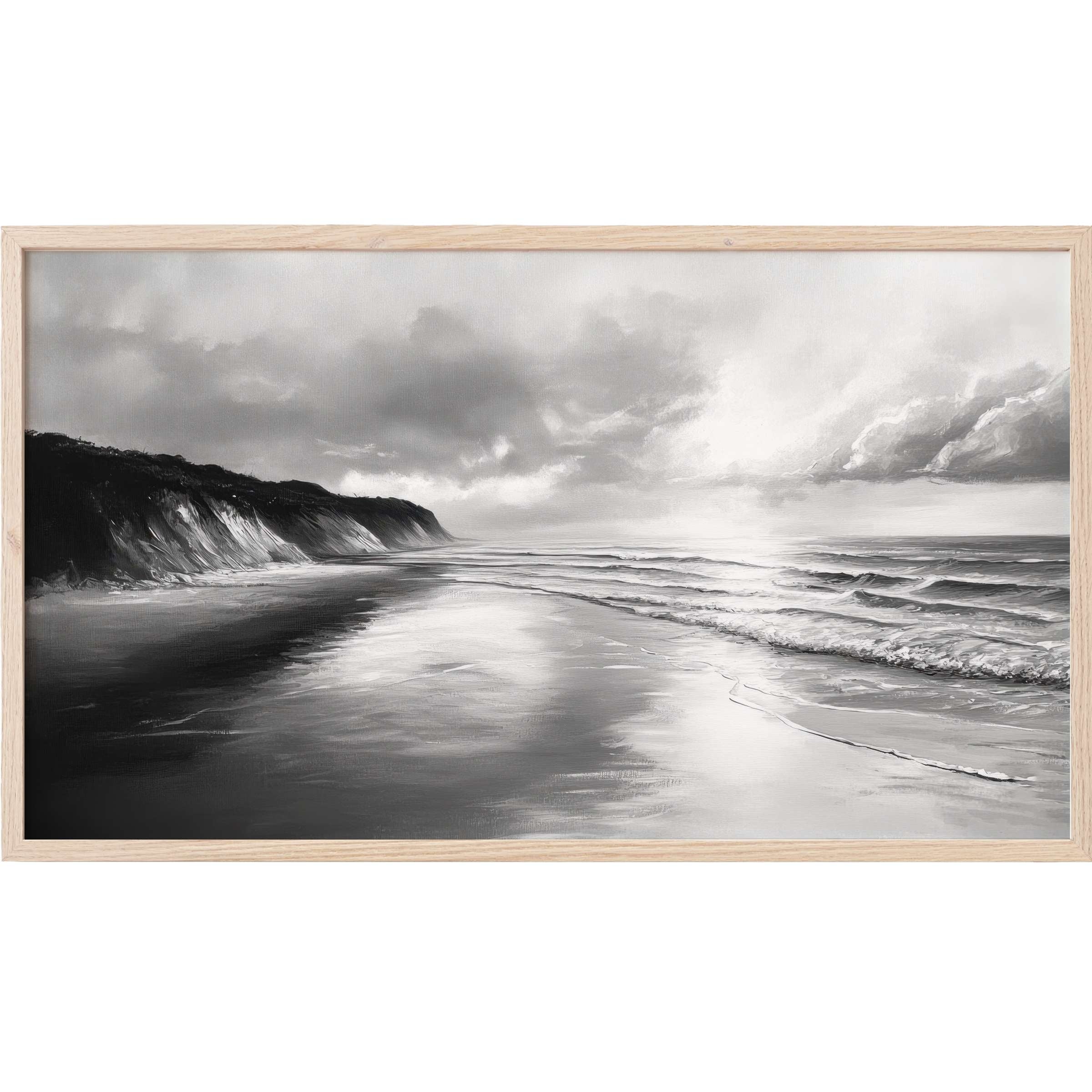 Serene coastal scene in muted tones with soft waves and cliffs, framed in minimalist wood, black and white Frame TV Art