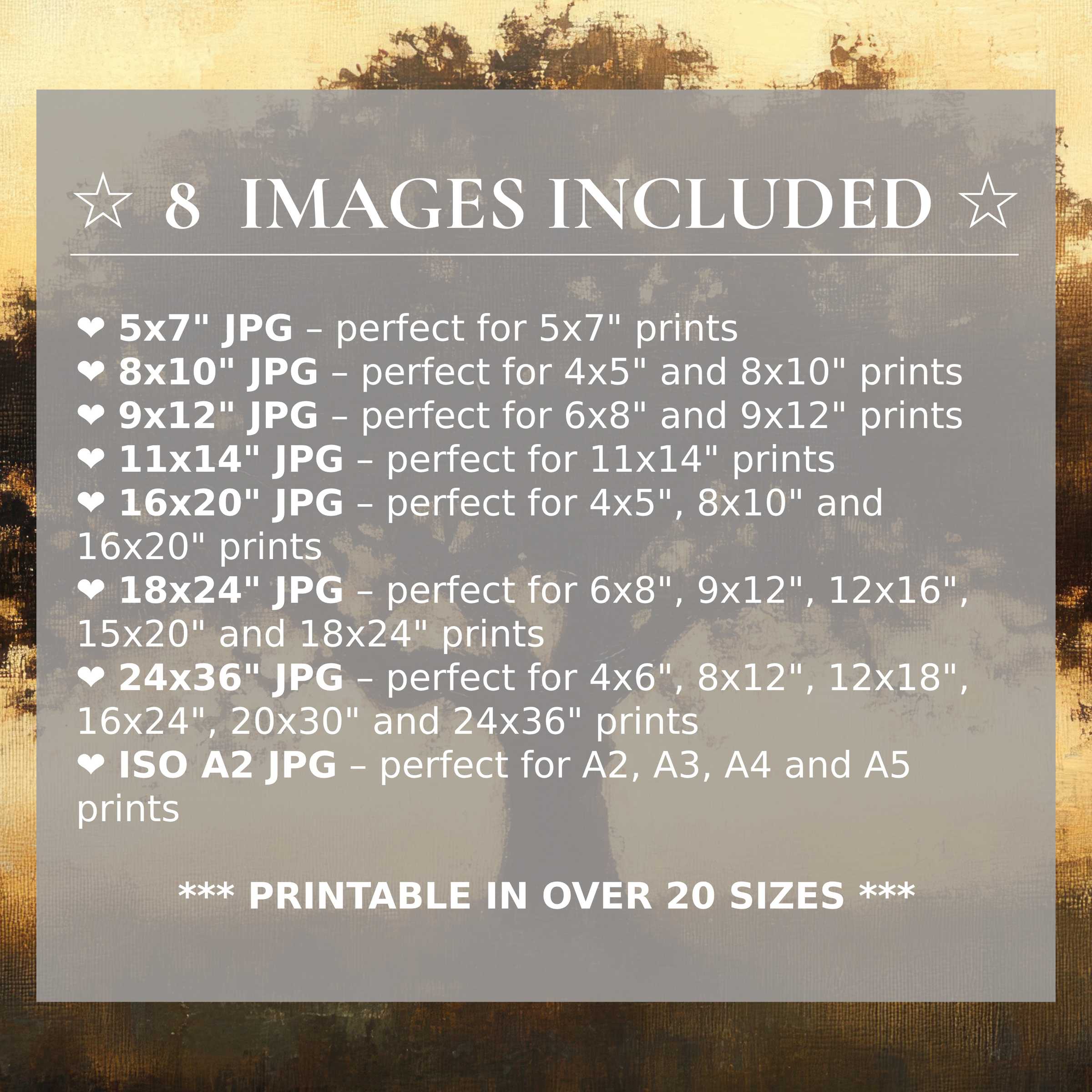 Print size guide showing 8 included JPG formats for versatile wall art printing – perfect for framing in popular sizes from 5x7 to 24x36 and A2