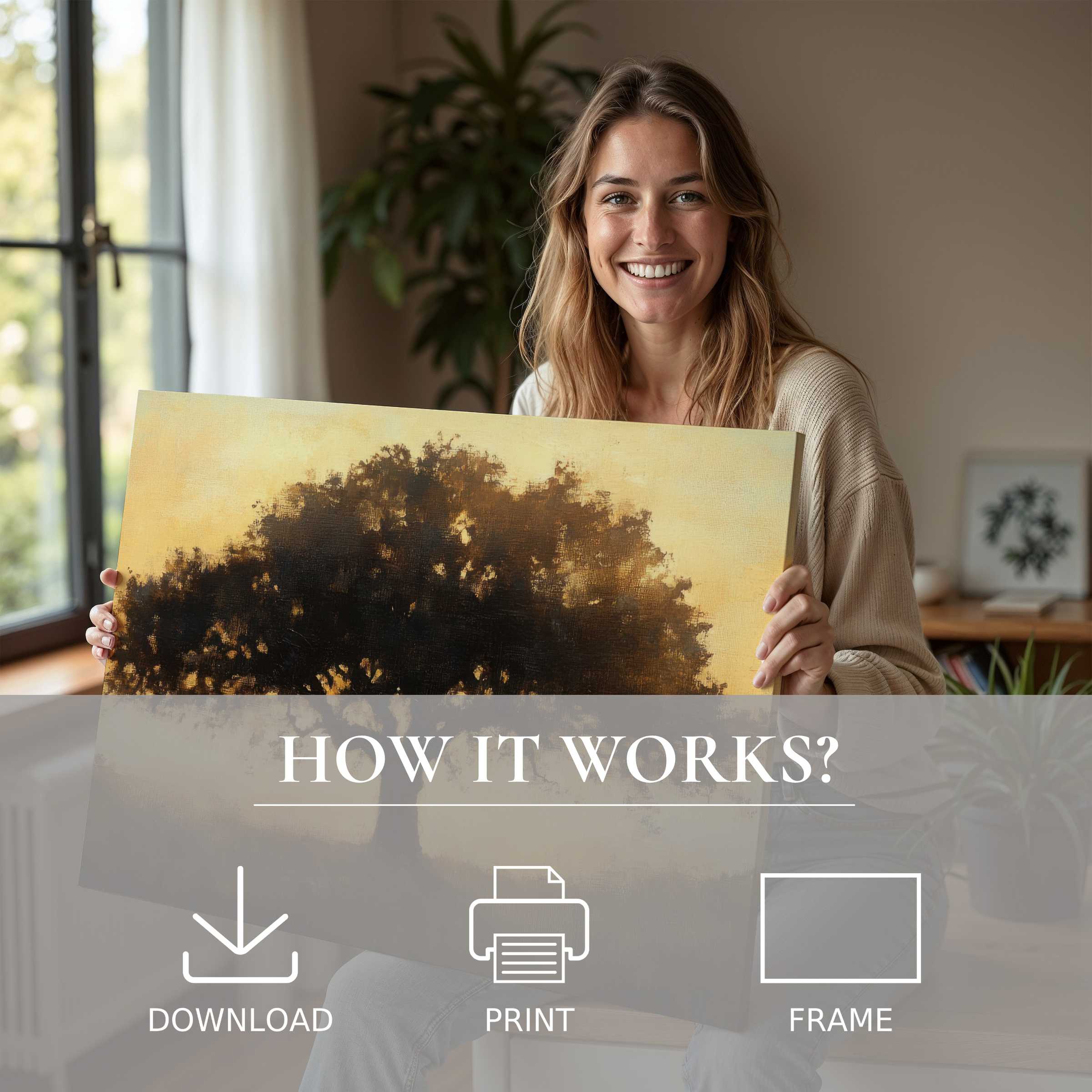 Radiant tree digital art print embraced in a chic home, inspiring joy and connection through seamless elegance