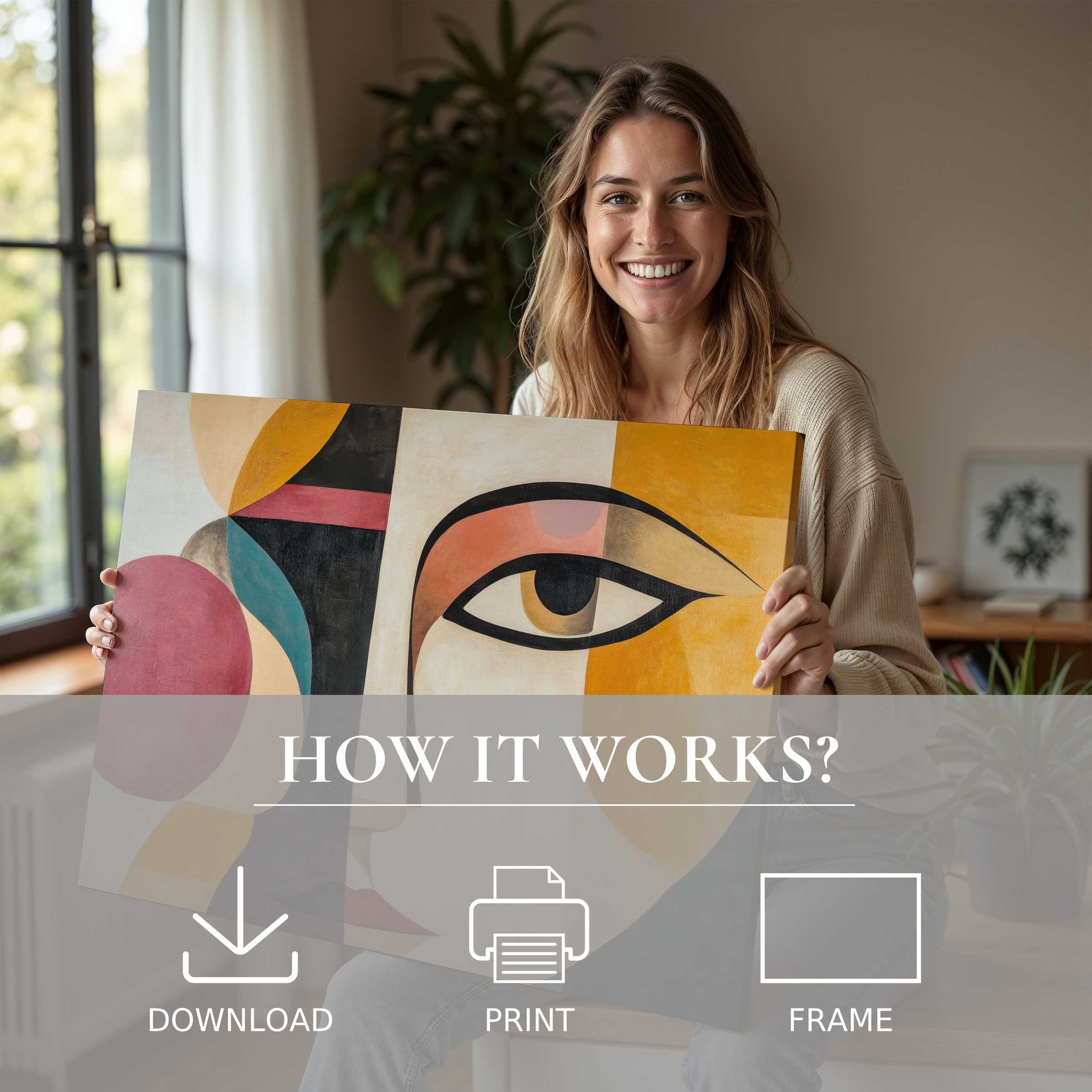 Radiant joy in a modern home as minimalist digital art print enhances serene living with effortless elegance and soulful connection