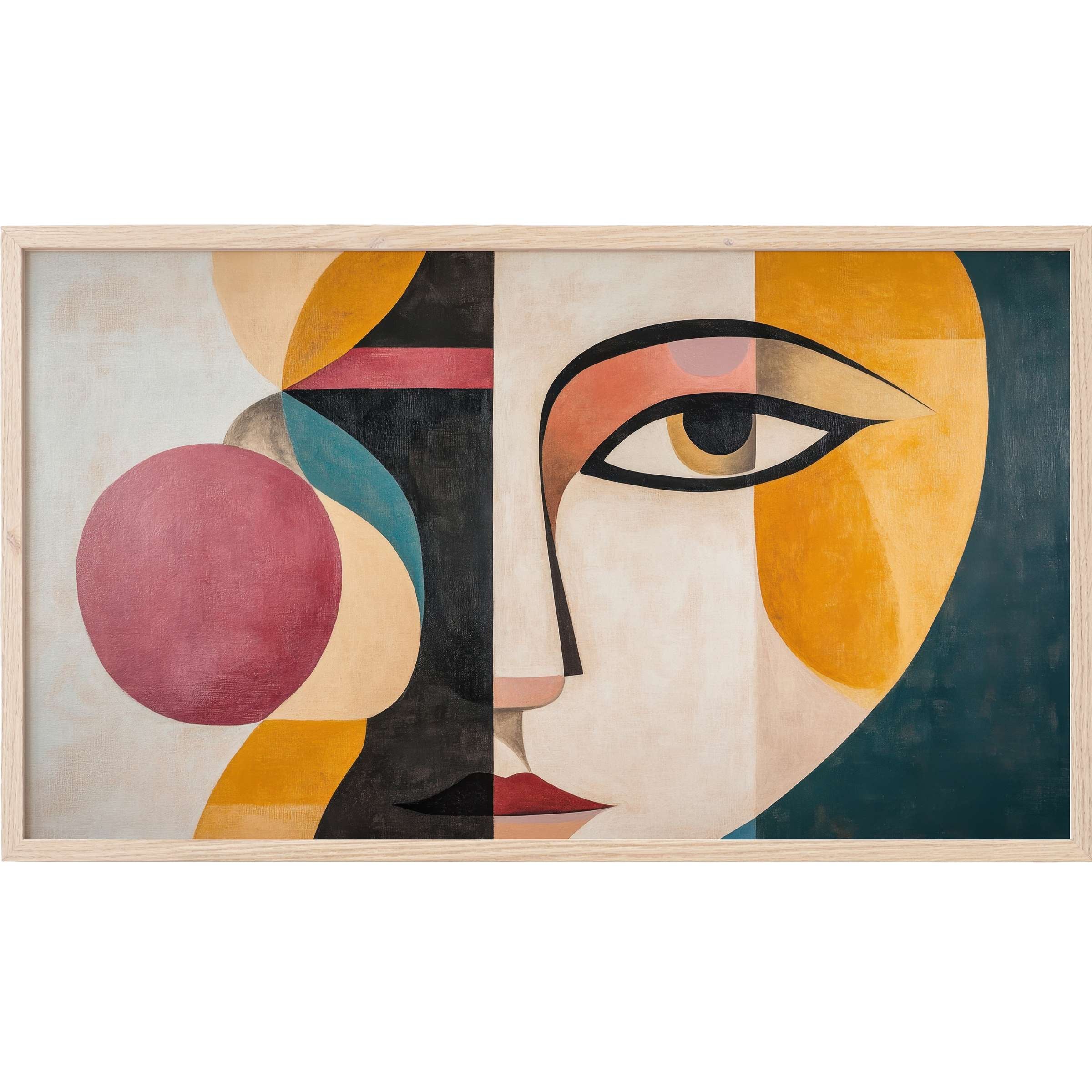 Abstract geometric face in warm ochre, deep teal, and muted pink tones, minimalist Frame TV Art for elegant modern spaces