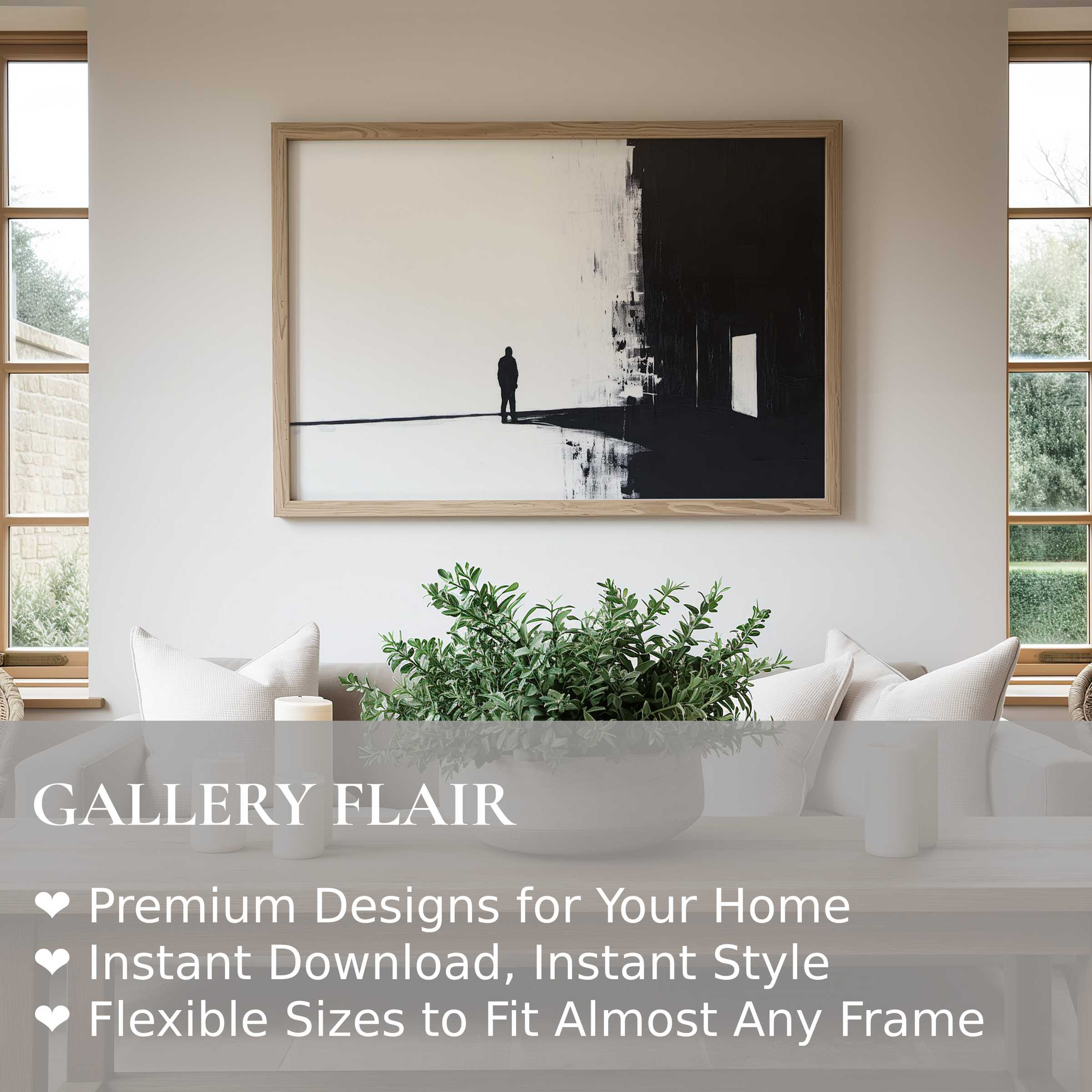 Monochrome street art wall art print with bold silhouette contrasts, elevating minimalist modern interiors with striking urban elegance