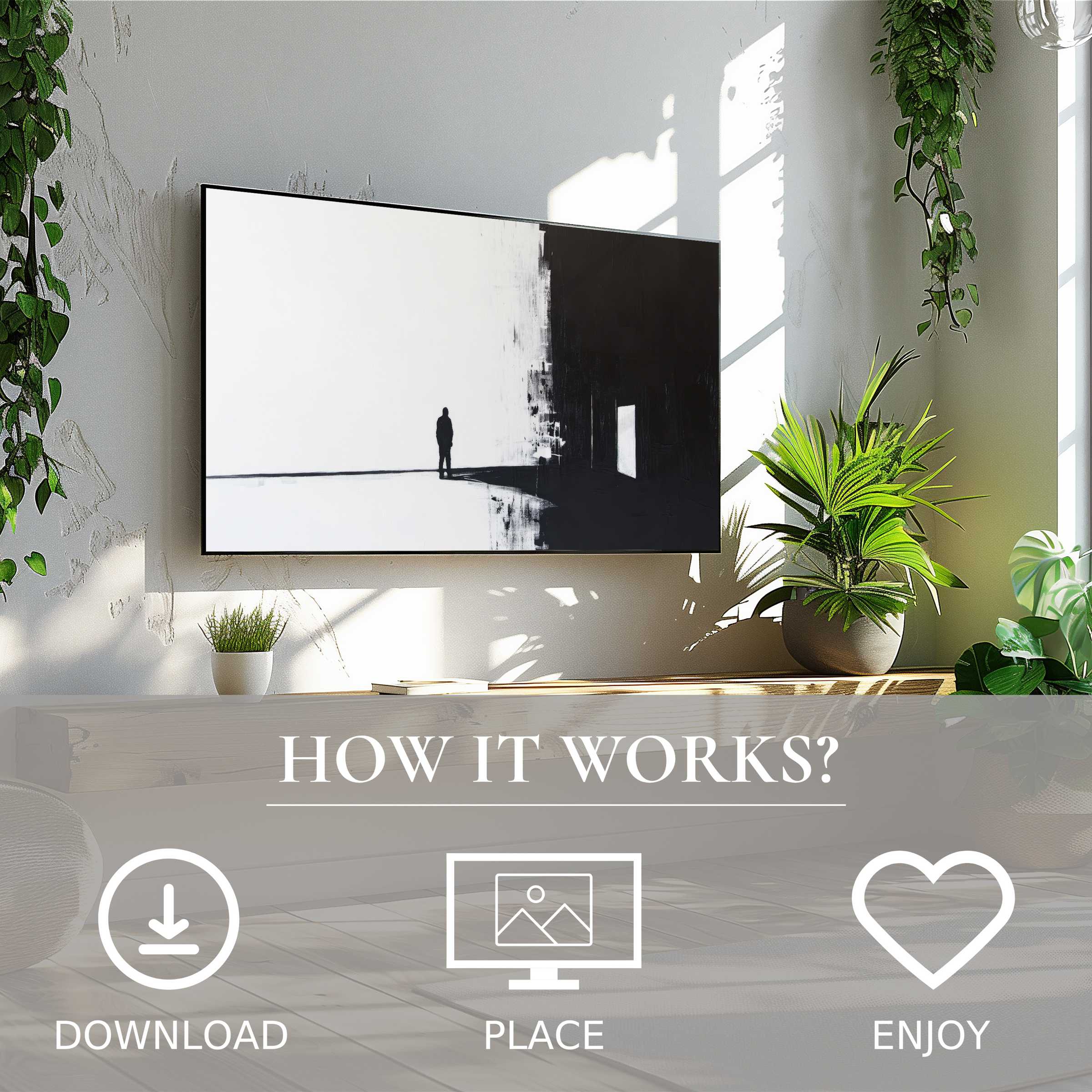 Modern living with street art for Samsung TV Digital download shows bold black and white motif, enriching space effortlessly