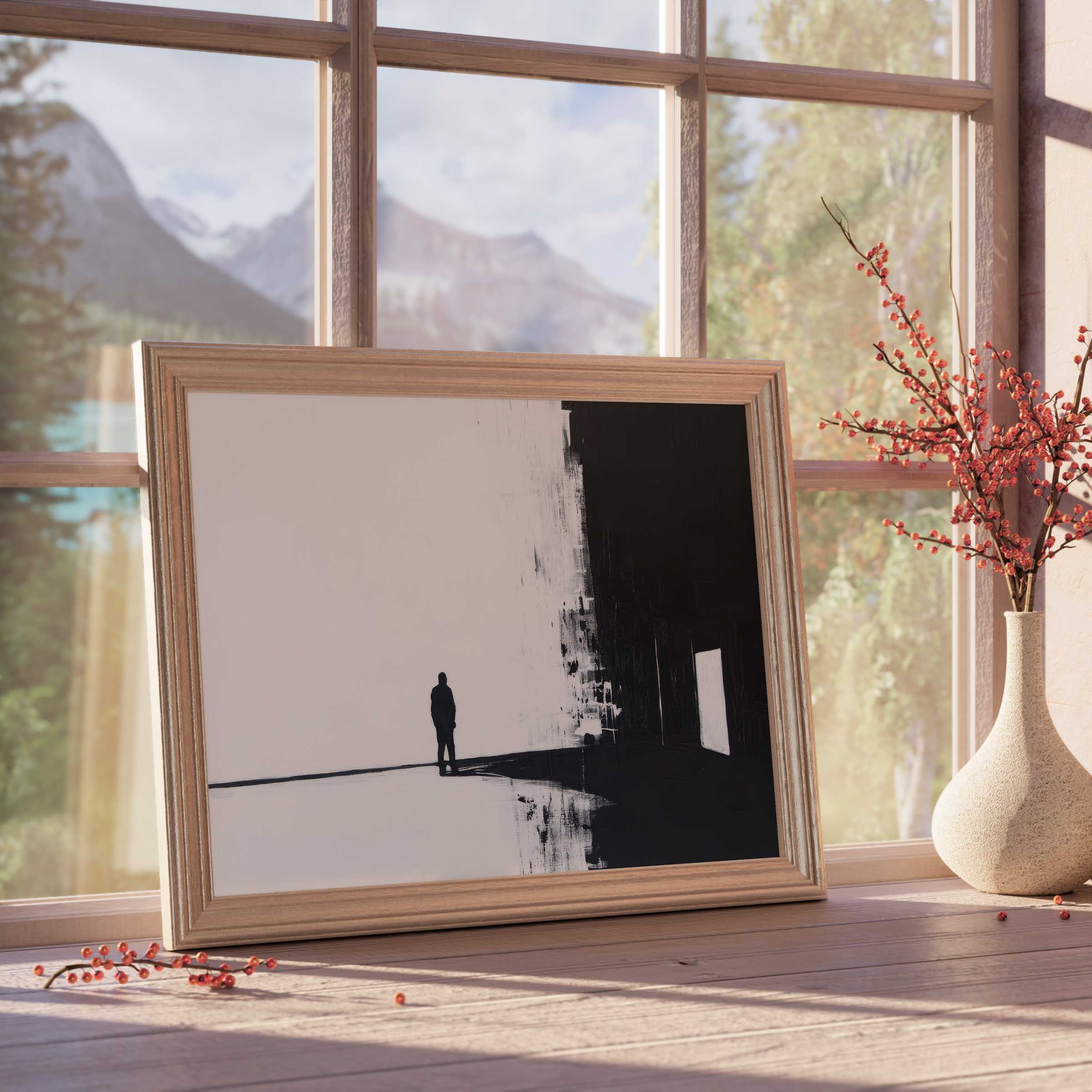 Minimalist street art downloadable art featuring a lone figure in stark black and white, elevating serene, design-forward interiors with modern, contemplative elegance