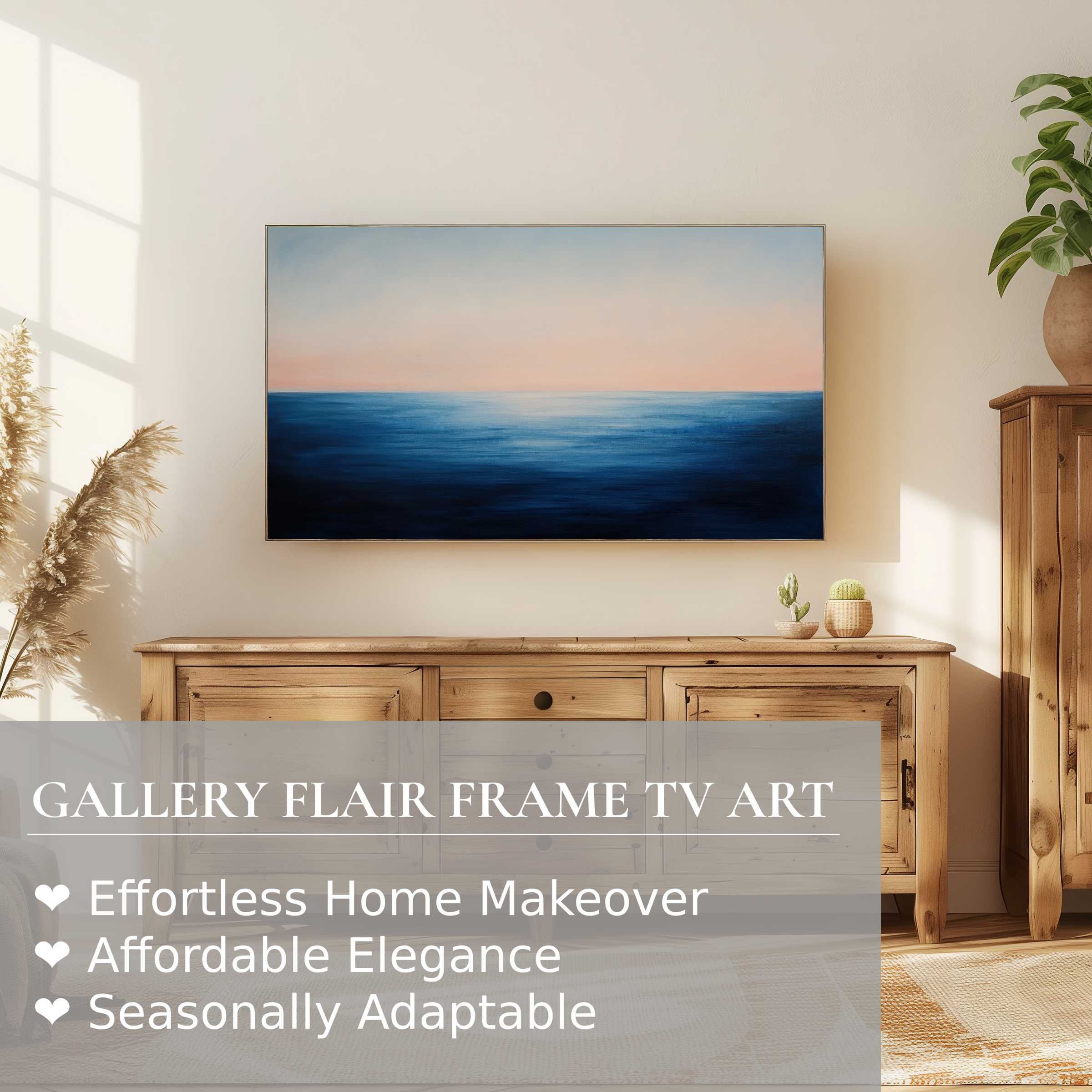 Serene seascape in soft hues on Samsung Frame TV, showcasing modern digital artwork in a chic, warm living space