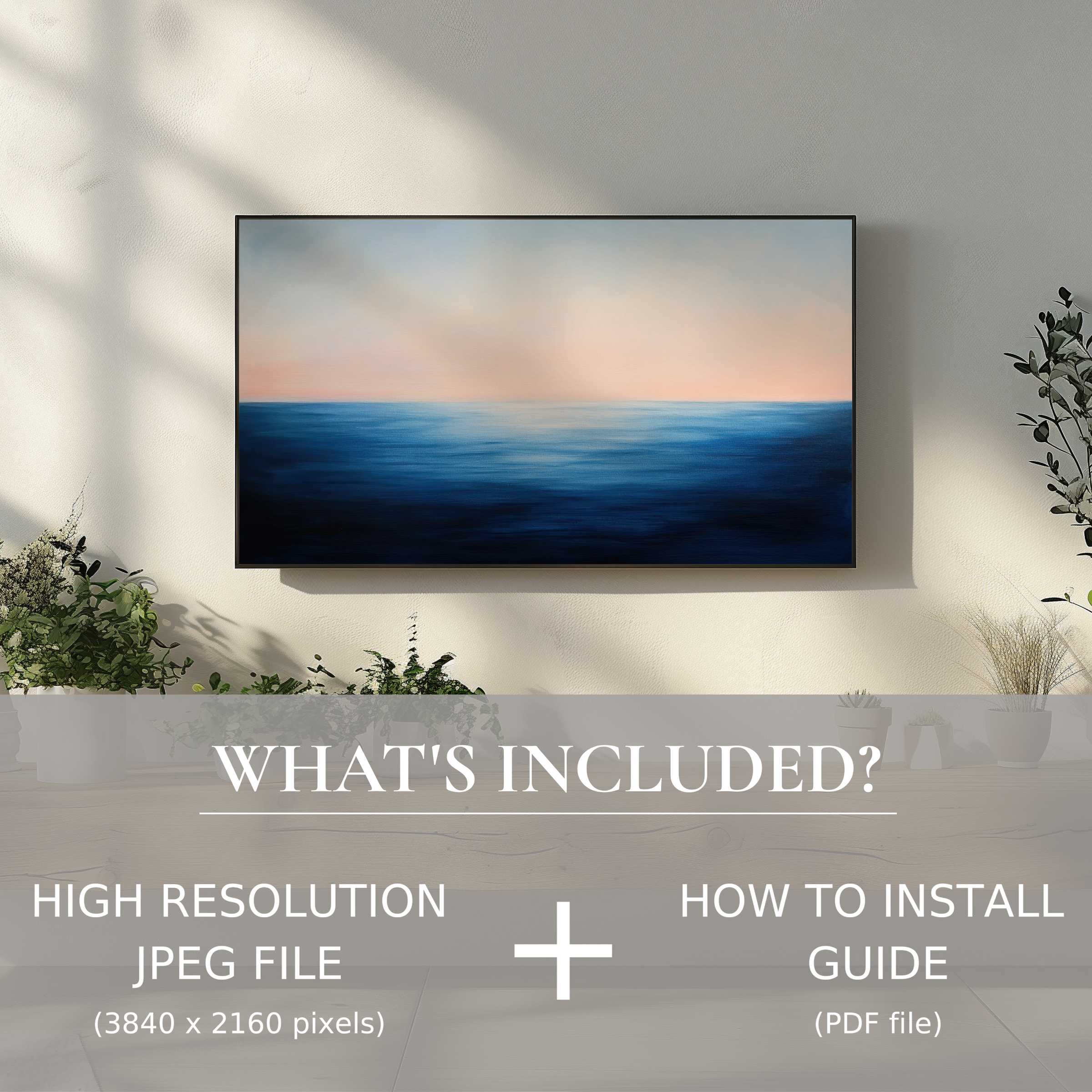 Elegant living room with a serene seascape - modern digital TV art download for easy, stylish space enhancement