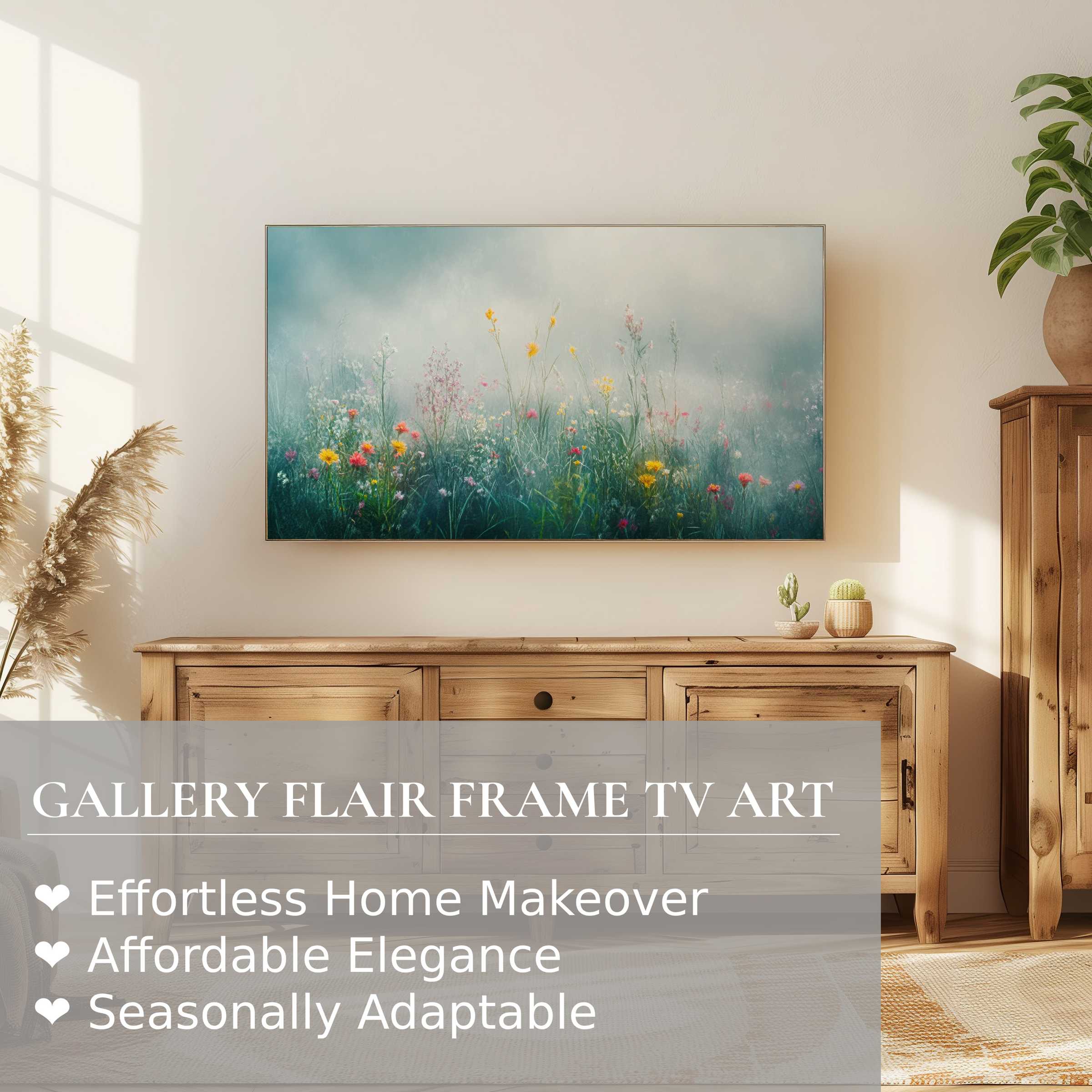 Modern living room with warm wood tones and a Samsung Frame TV showcasing serene floral digital artwork