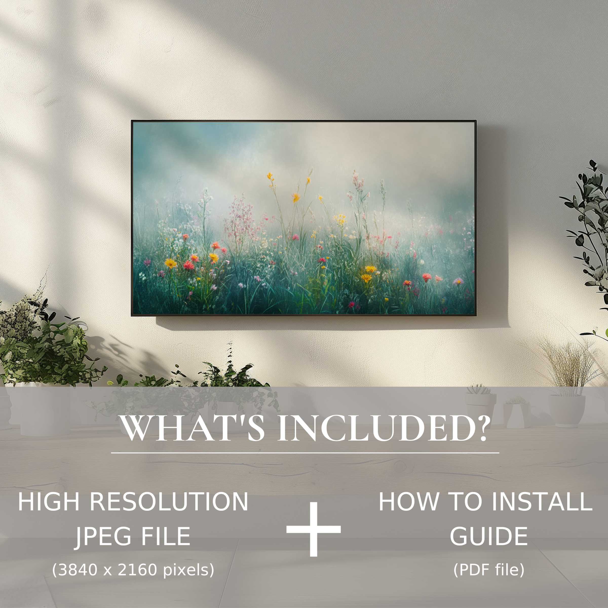 Elegant living space enhanced by floral digital TV art download, easy digital use with high-res file and guide