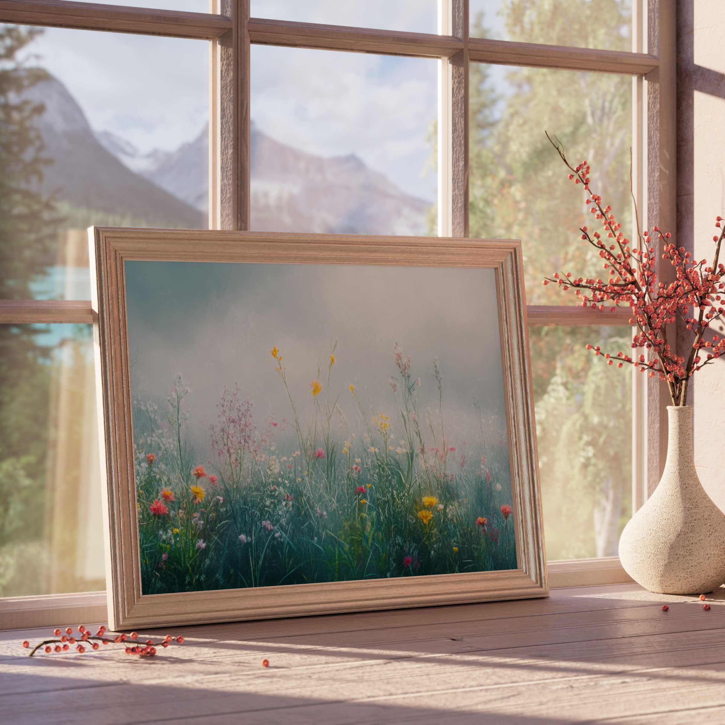 Elegant floral downloadable art with wildflower blooms and soft morning mist, perfect for serene, design-forward interiors