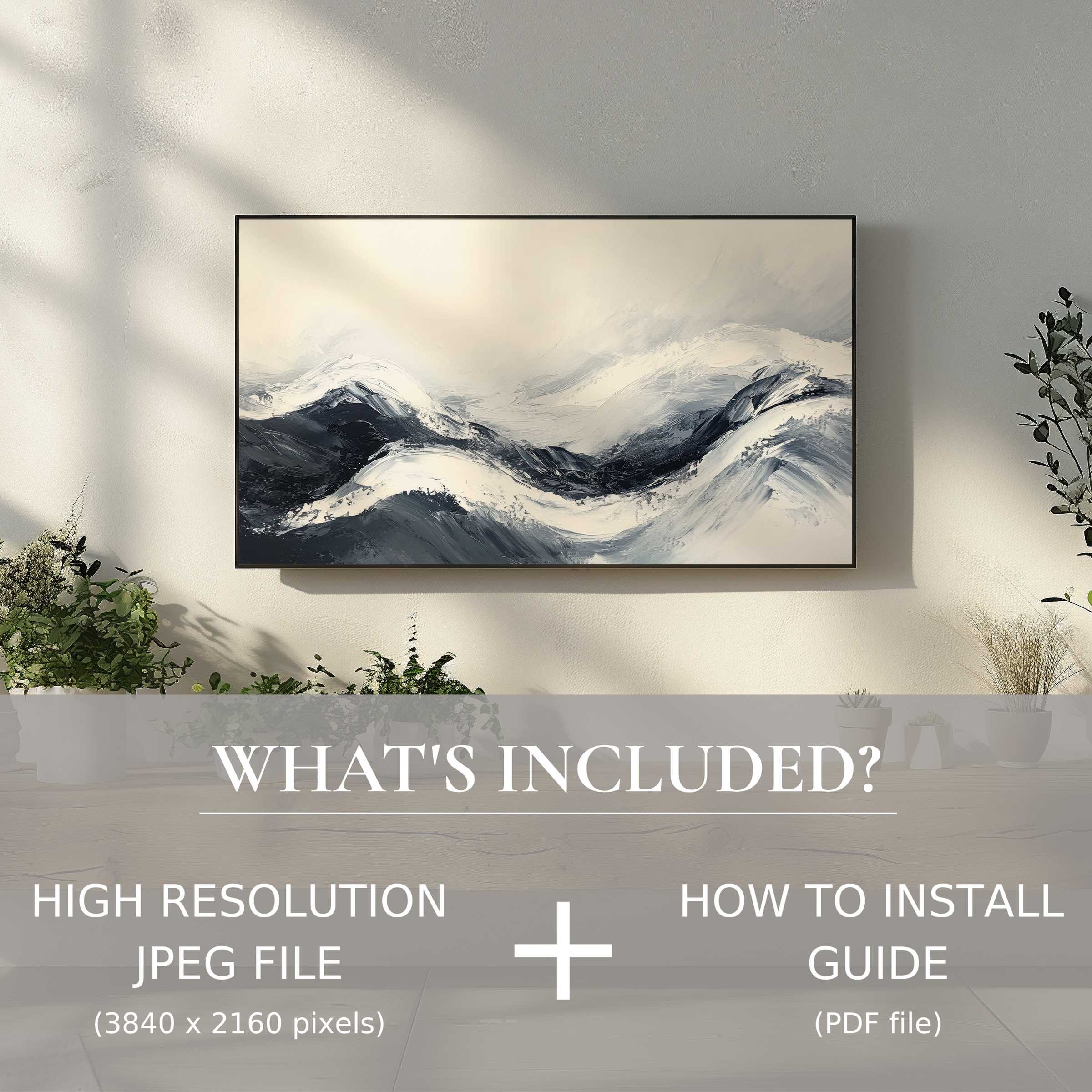 Elegant living room with neutral digital TV art download, easy to use, enhancing stylish modern decor
