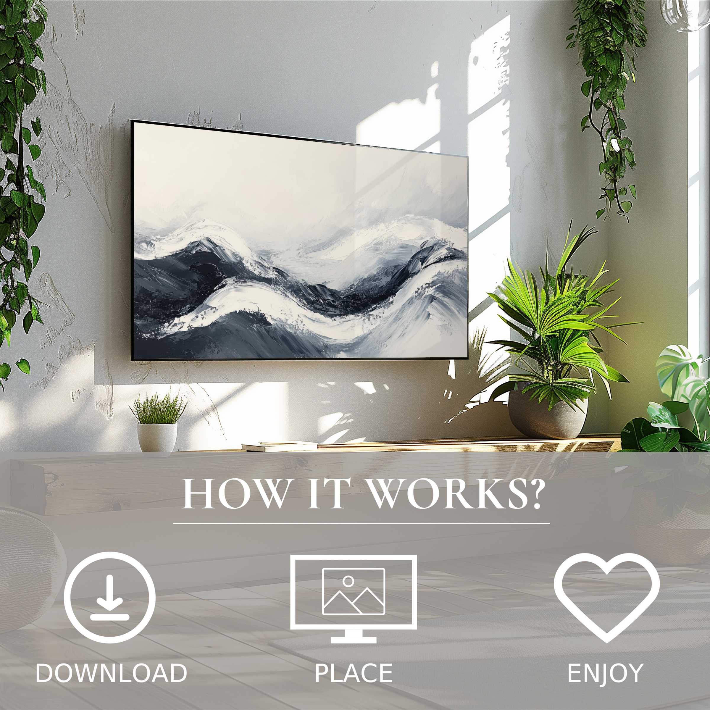Neutral art for Samsung TV shows soft monochrome waves, easy digital download, enriching modern living spaces effortlessly