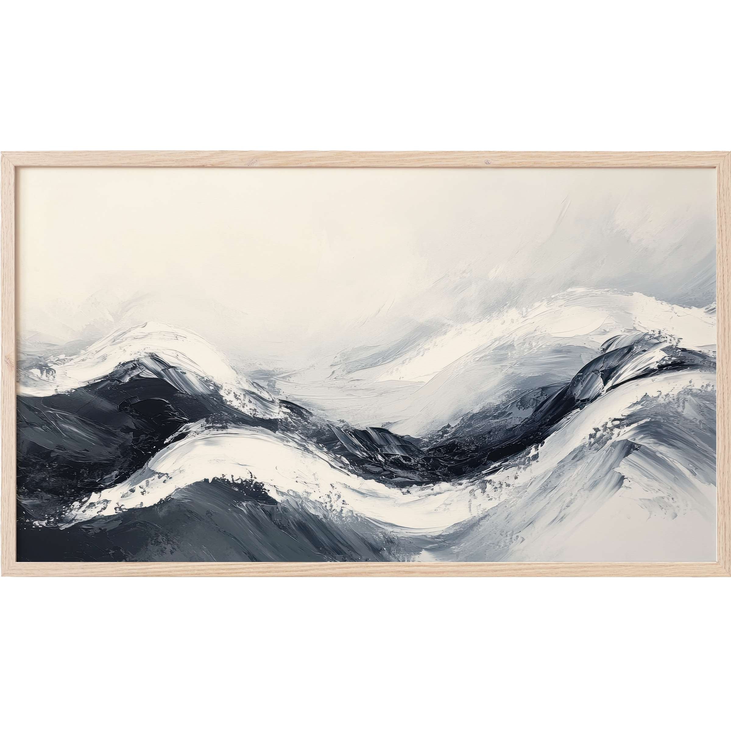 Abstract ocean waves in muted blues and whites, textured brushstrokes in a neutral Frame TV Art style