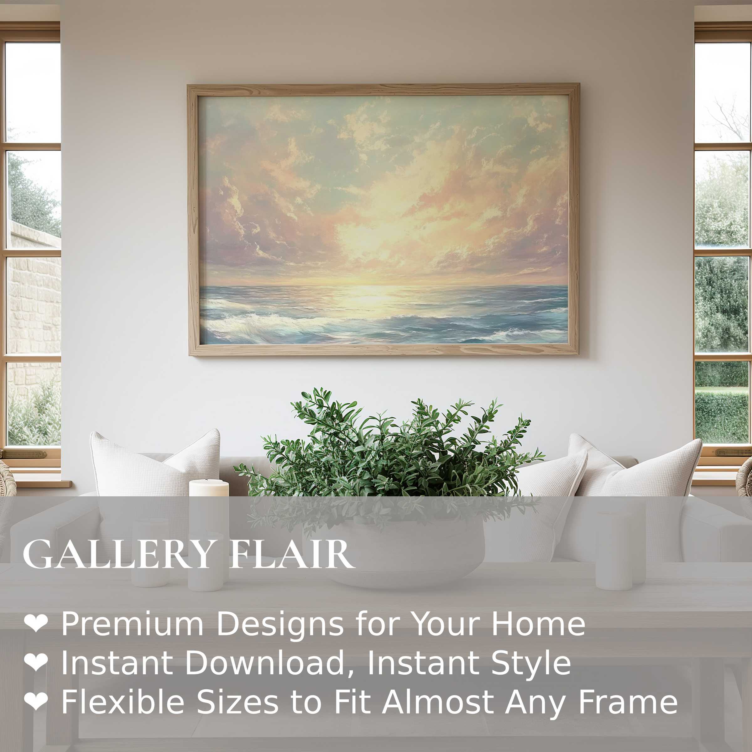 Coastal wall art print featuring a radiant sunrise over tranquil waves, enhancing serene, modern minimal interiors with a calming, natural elegance