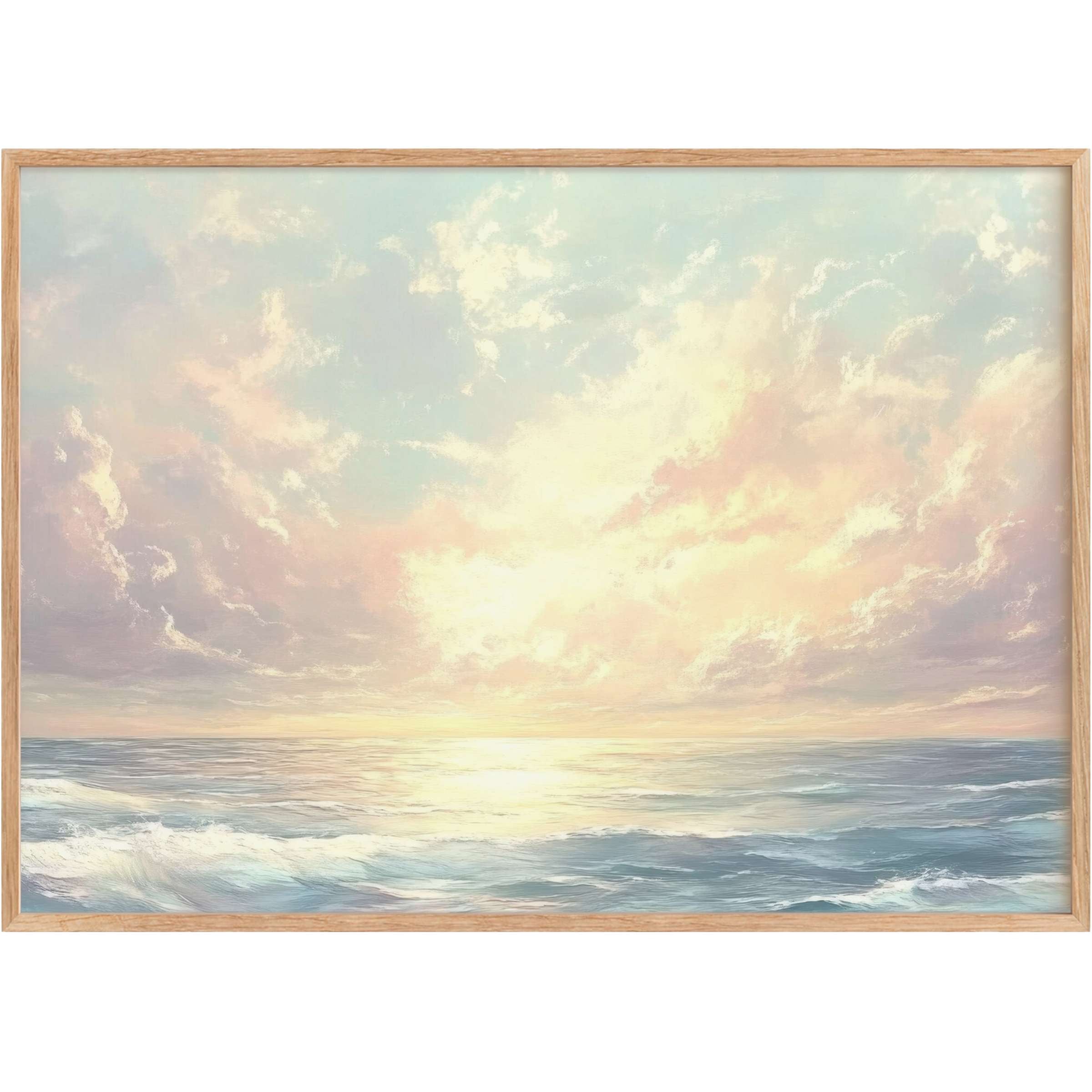 Coastal printable wall art featuring serene ocean waves and a radiant pastel sunrise, evoking tranquil, airy elegance