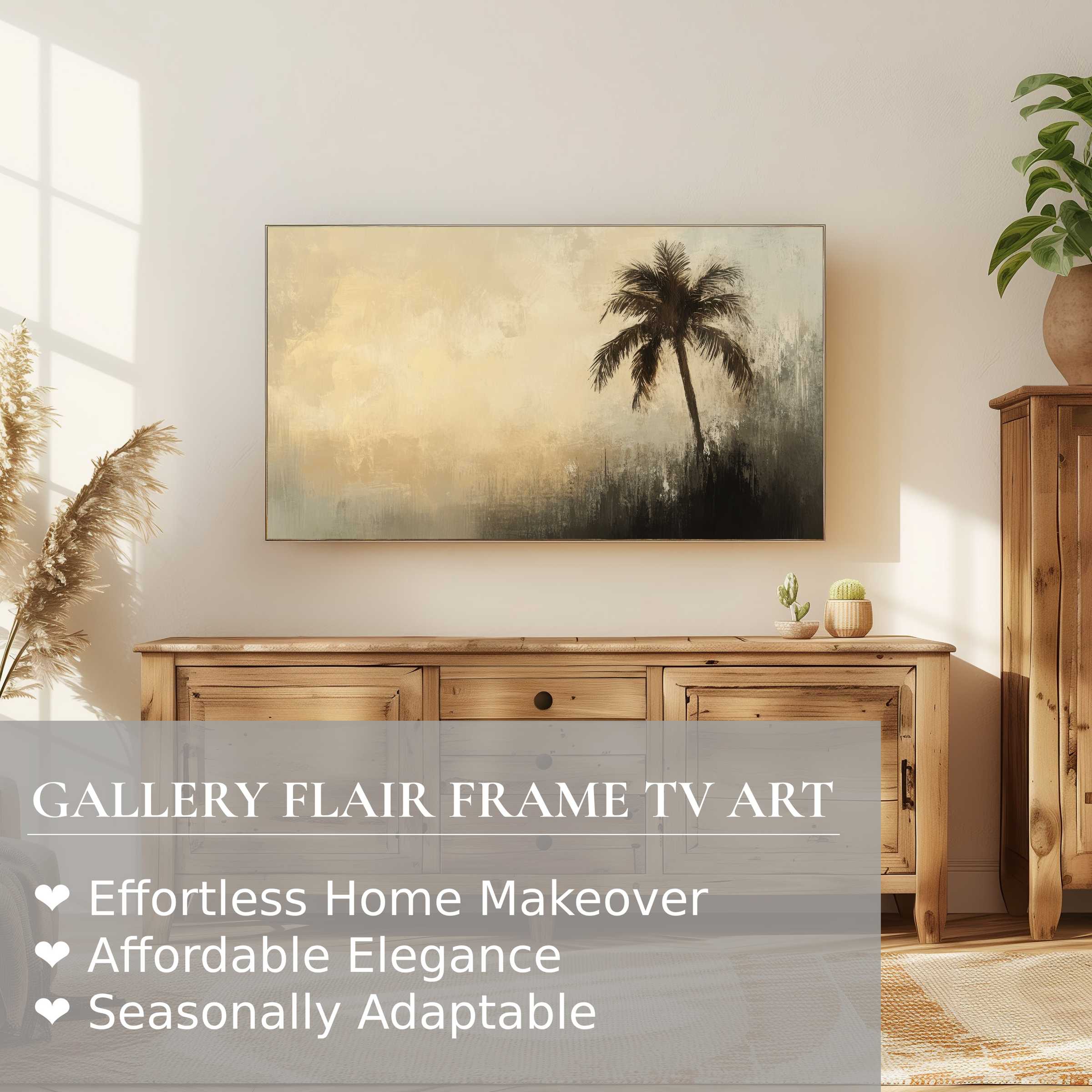 Elegant summer digital artwork of a palm tree on Samsung Frame TV in a warm, modern living space