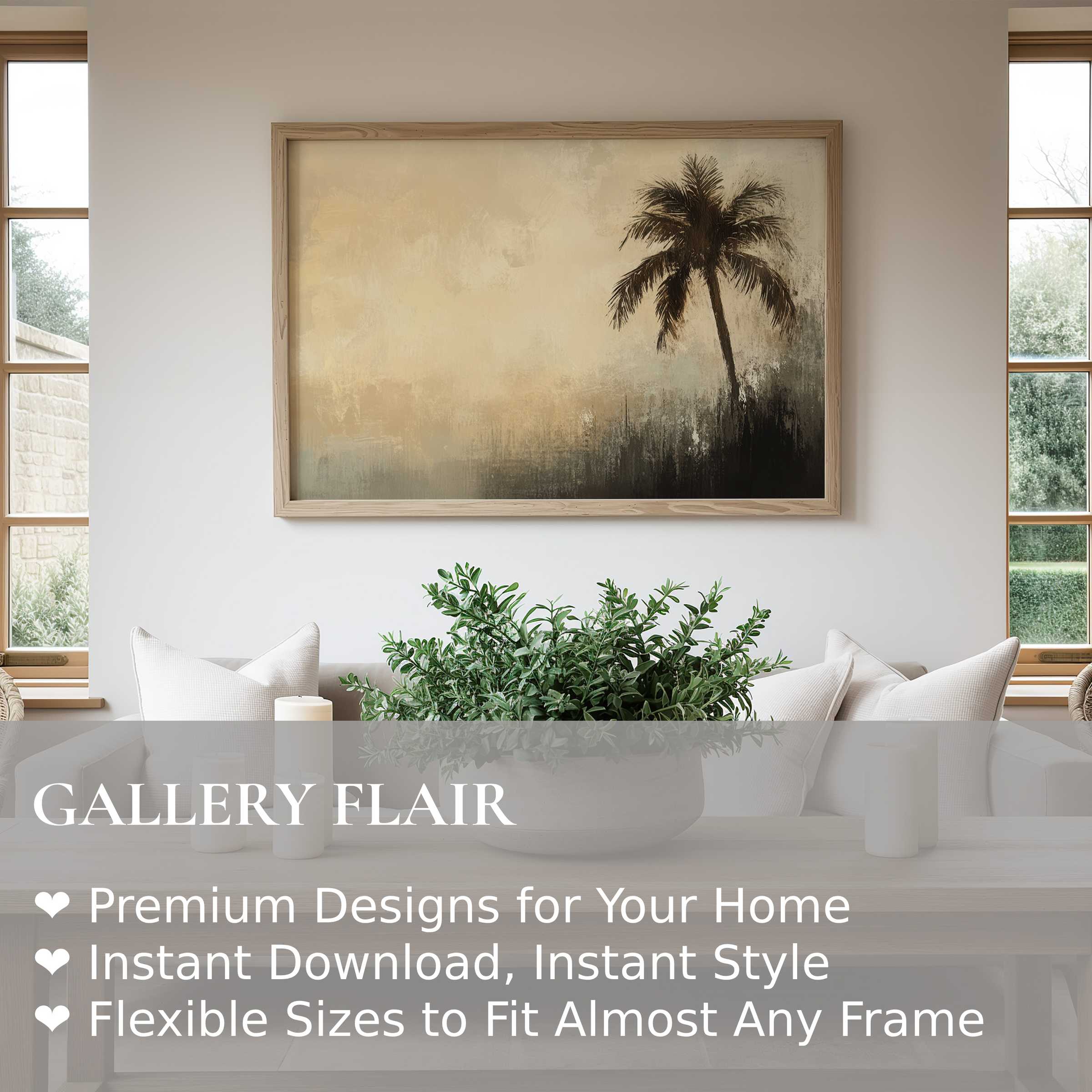 Elegant summer wall art print featuring a solitary palm silhouette in warm, muted tones, enhancing serene modern interiors