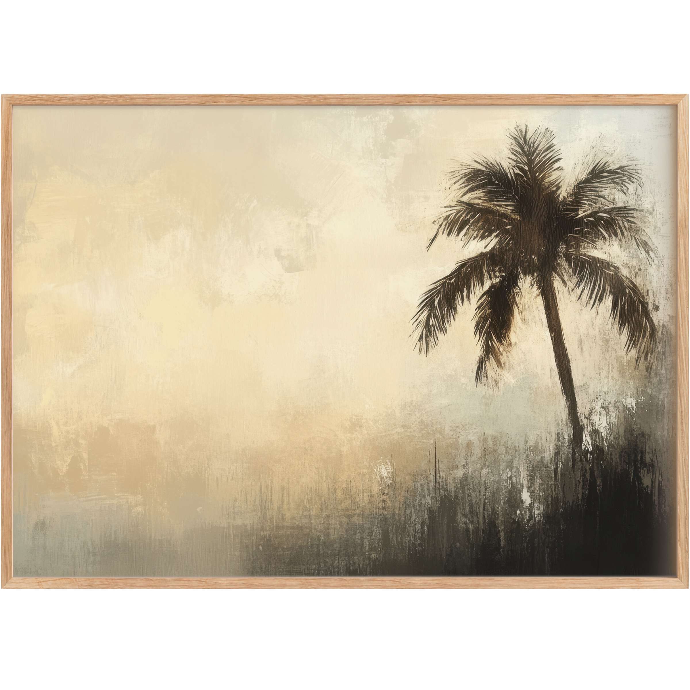Elegant summer printable wall art featuring a solitary palm silhouette in warm beige and charcoal, evoking a serene, sun-drenched escape