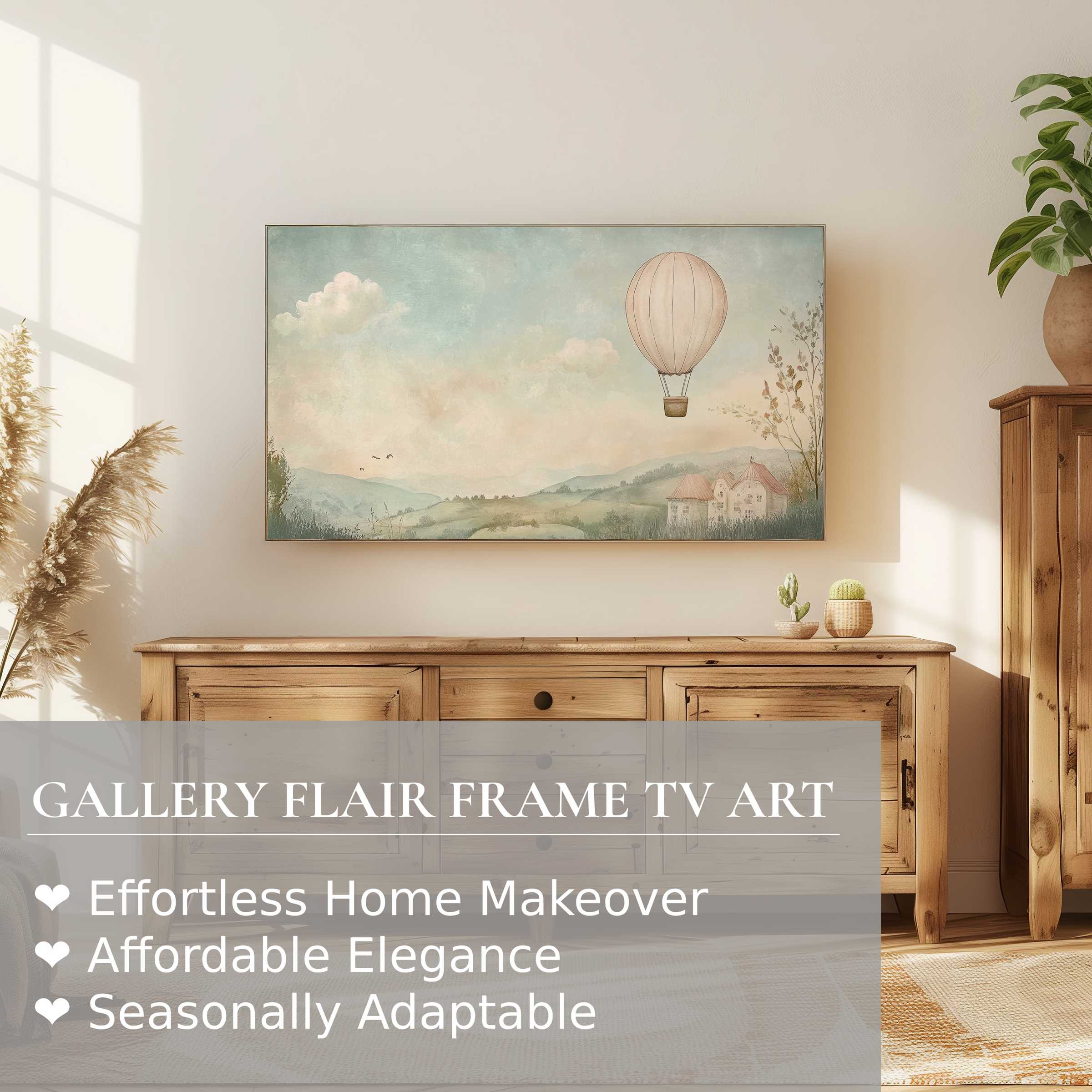 Samsung Frame TV displaying serene nursery digital artwork of a pastel hot air balloon and countryside landscape