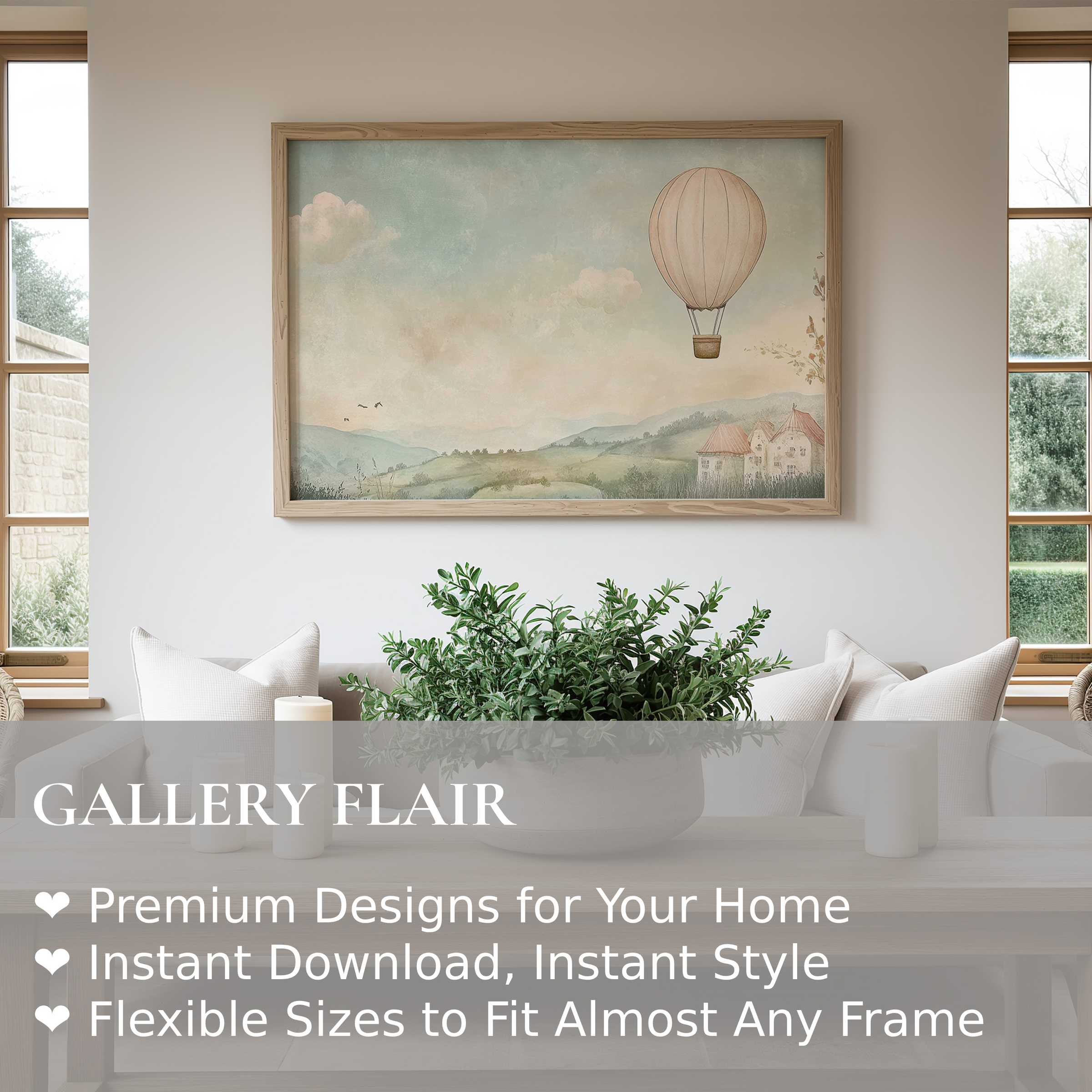 Nursery wall art print with soft pastel hot air balloon and serene countryside, enhancing calm modern farmhouse interiors
