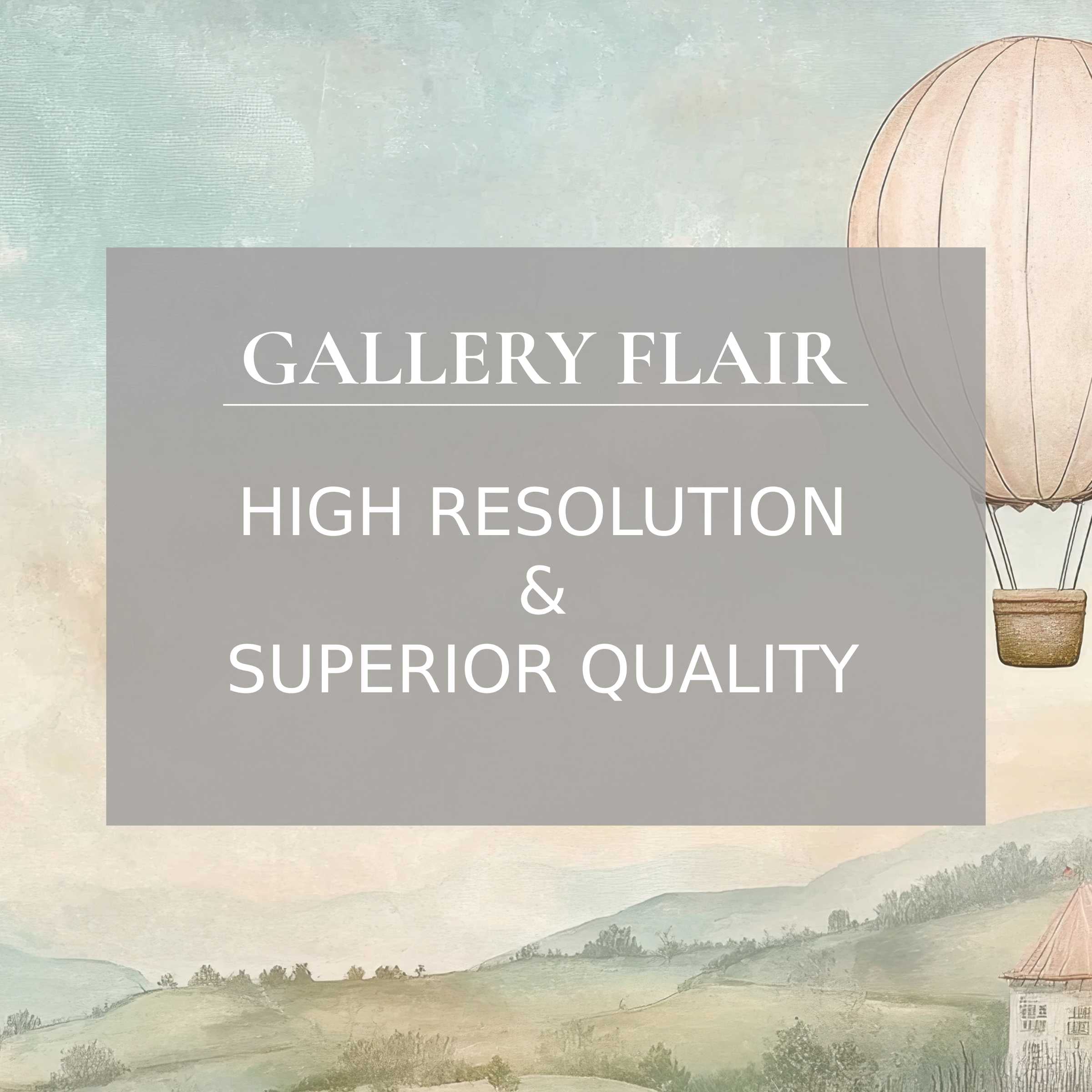 Nursery printable art featuring a serene vintage hot air balloon scene, exuding calm elegance with fine details, enriching modern nurseries