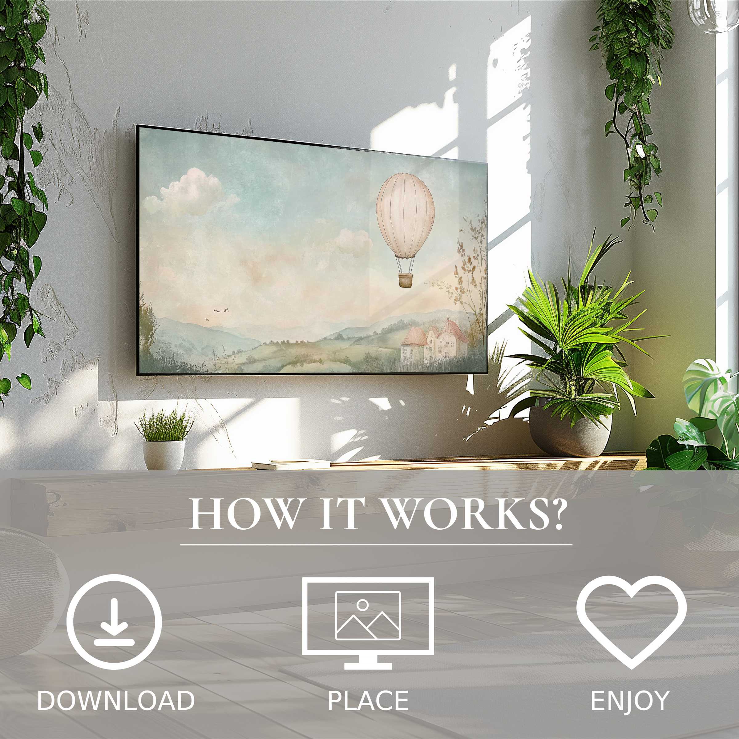 Nursery art for Samsung TV: soft pastel hot air balloon scene, easy digital download enhances calm, bright nursery decor