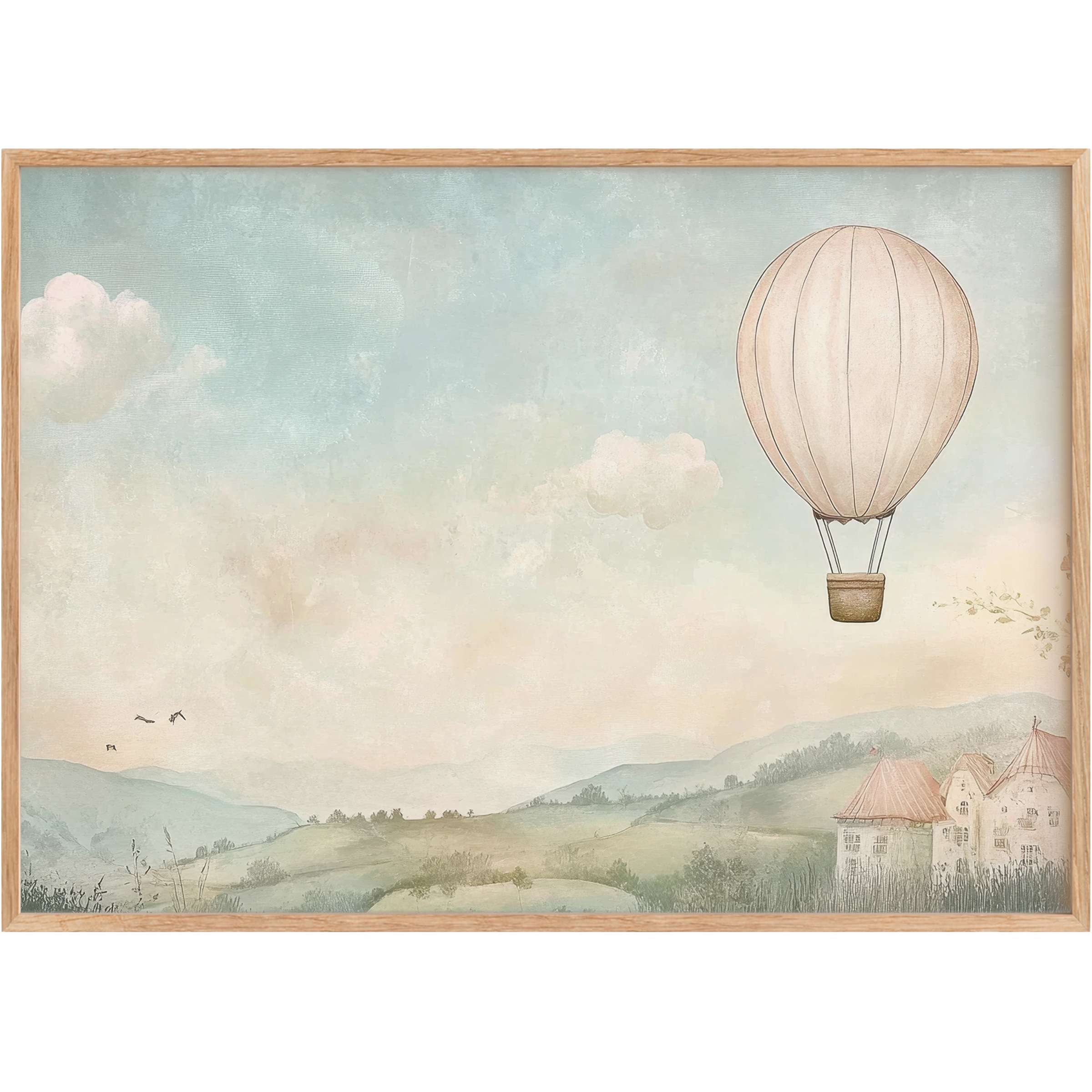 Soft pastels and gentle horizons create a serene, dreamy nursery printable wall art with whimsical hot air balloon charm