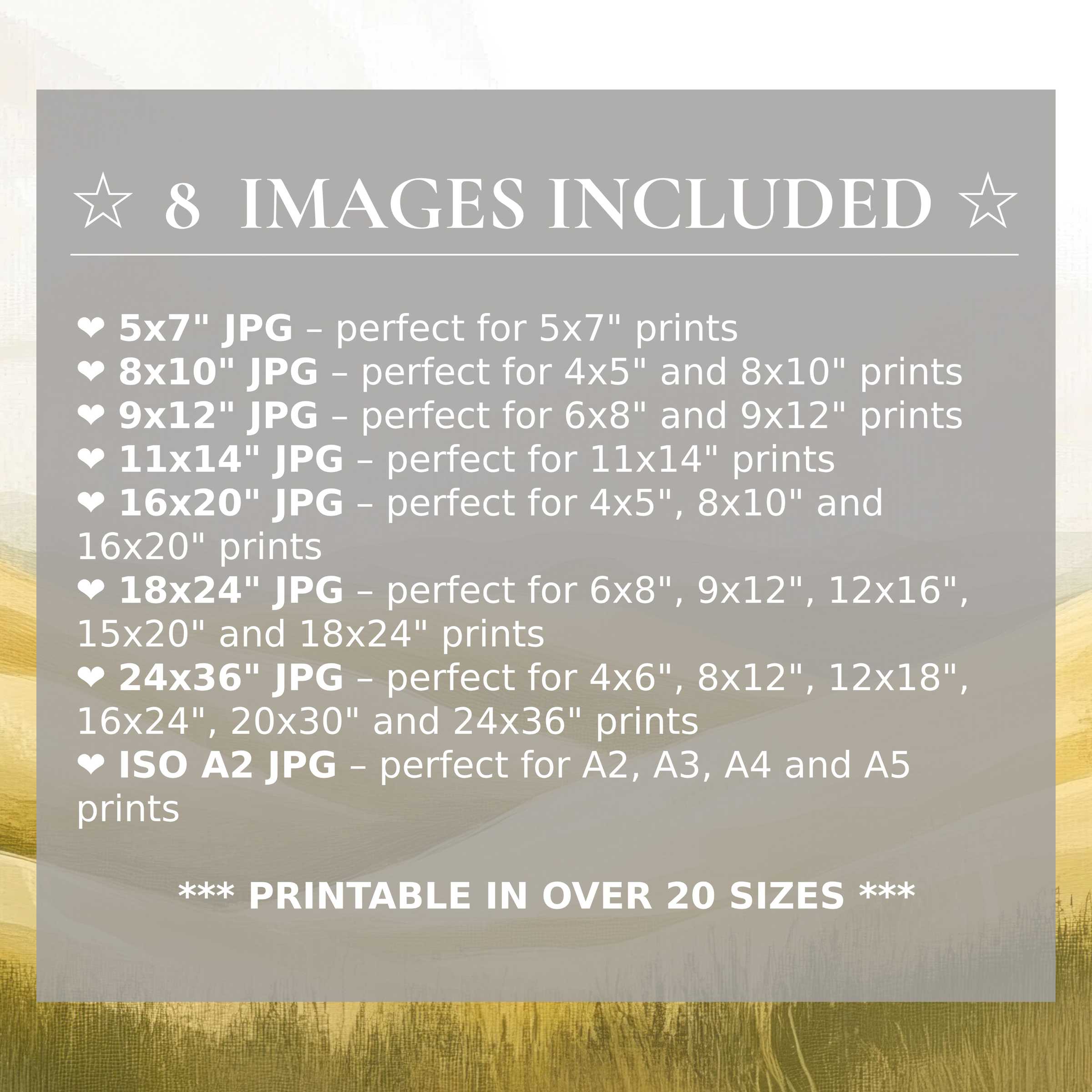 Radiant landscape digital print in soothing gold and gray tones, elevating modern interiors with style and 8 high-quality sizes included