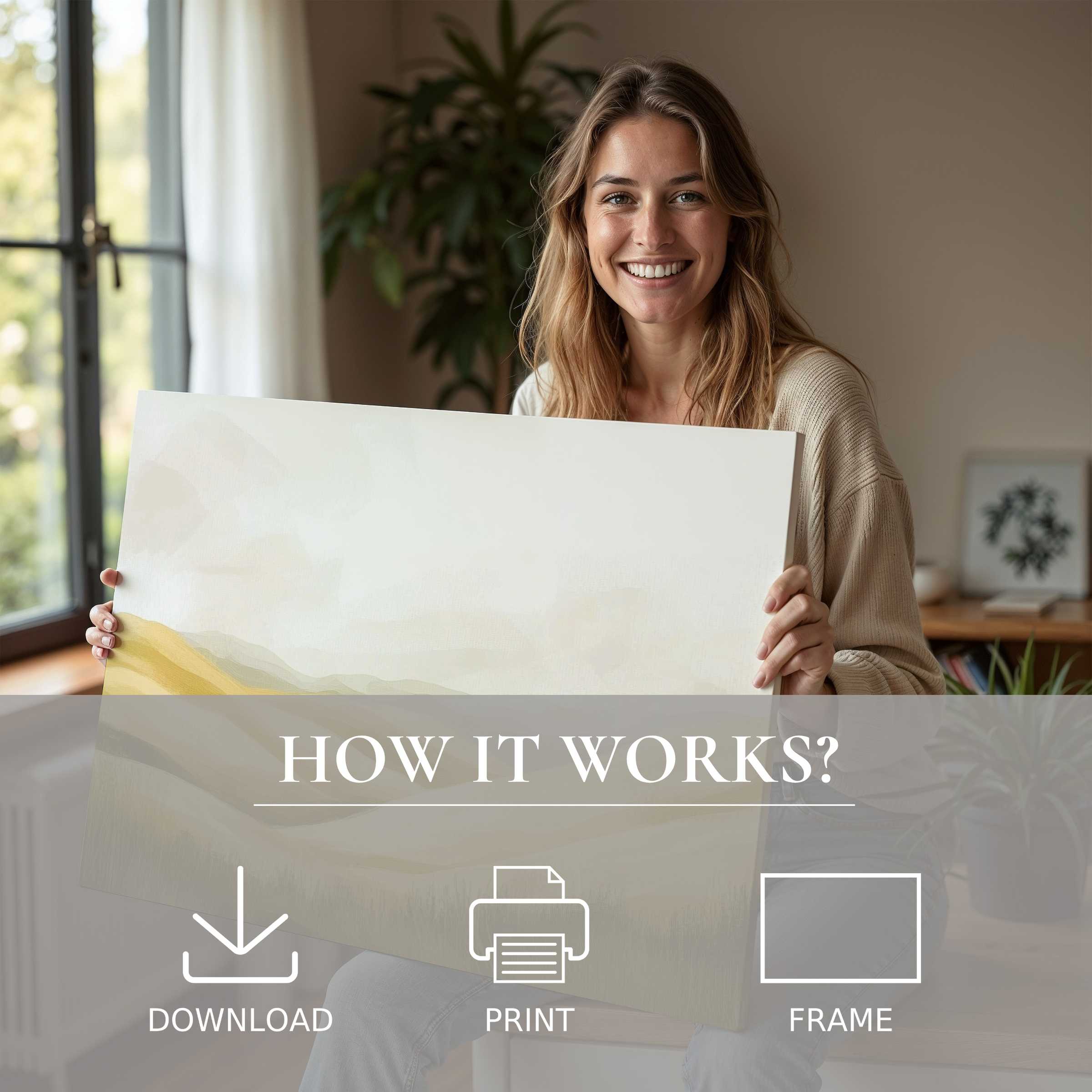 Bright, welcoming scene capturing the joy of living with a landscape digital art print, effortlessly enhancing a modern home’s serene ambiance