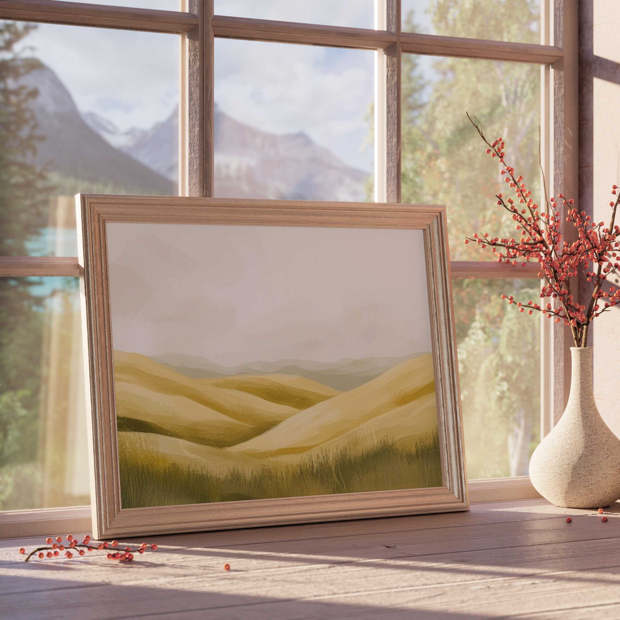 Elegant landscape downloadable art capturing serene golden hills in soft light, ideal for curated premium home decor and tranquil interiors