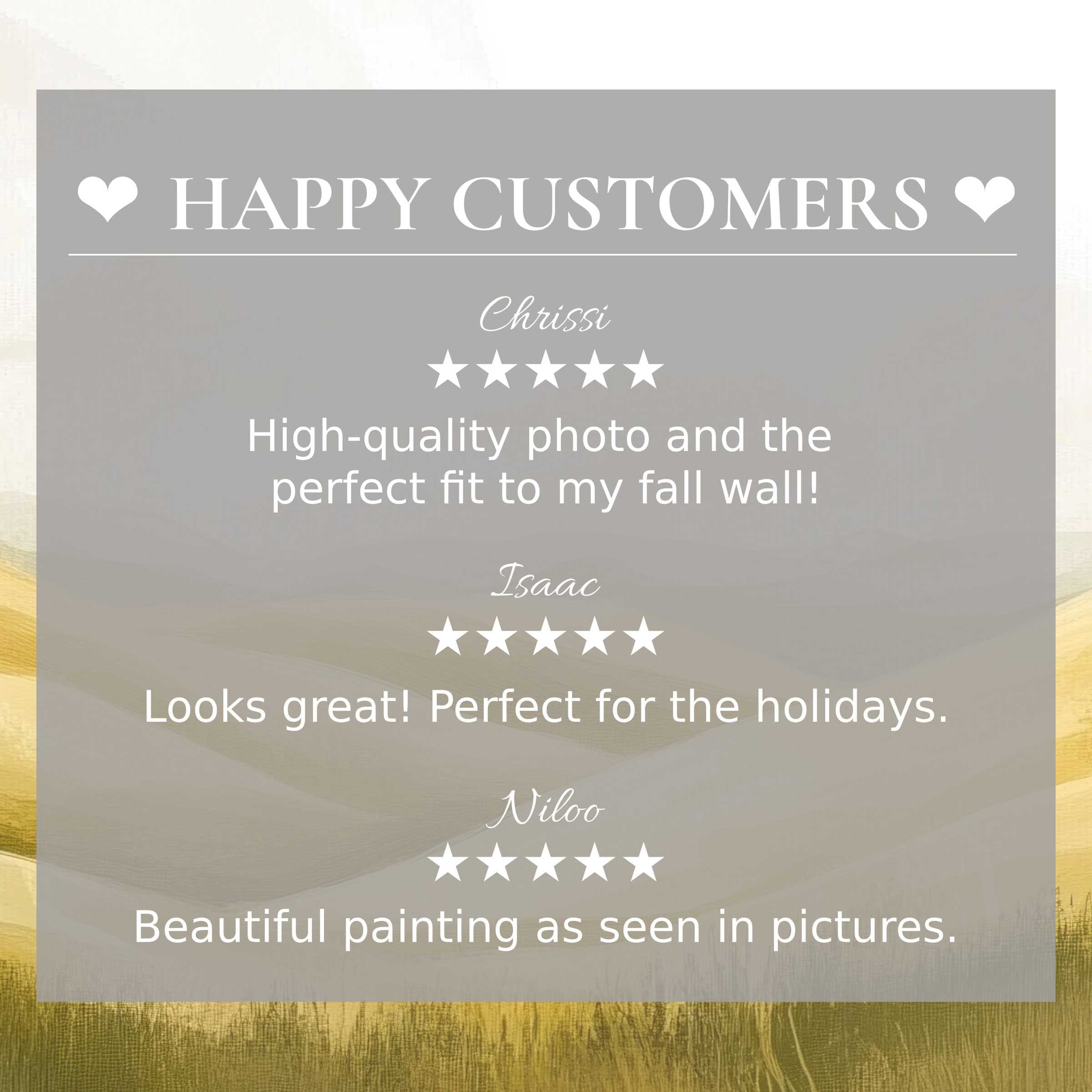 Refined landscape art for Frame TV with warm abstract hues, showcasing positive reviews and a happy customer trust build
