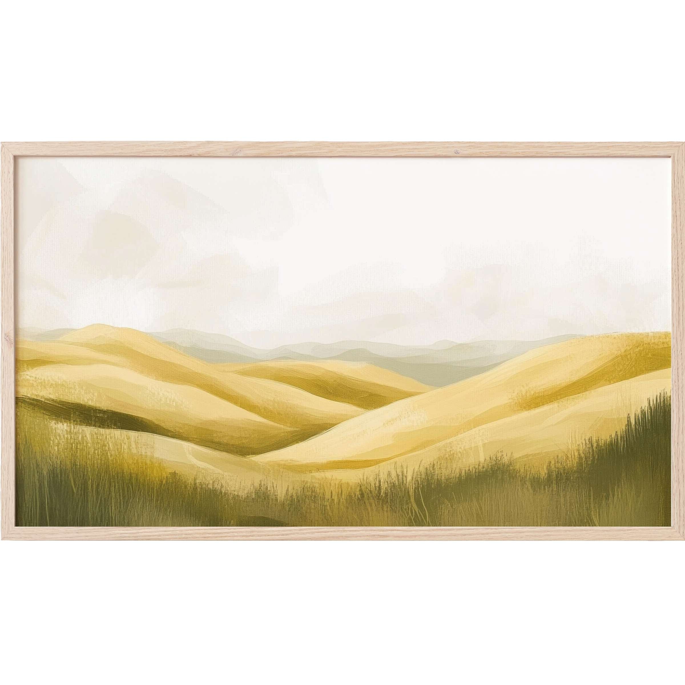 Soft golden hills blend with muted greens in this serene, minimalist landscape Frame TV Art for refined interiors