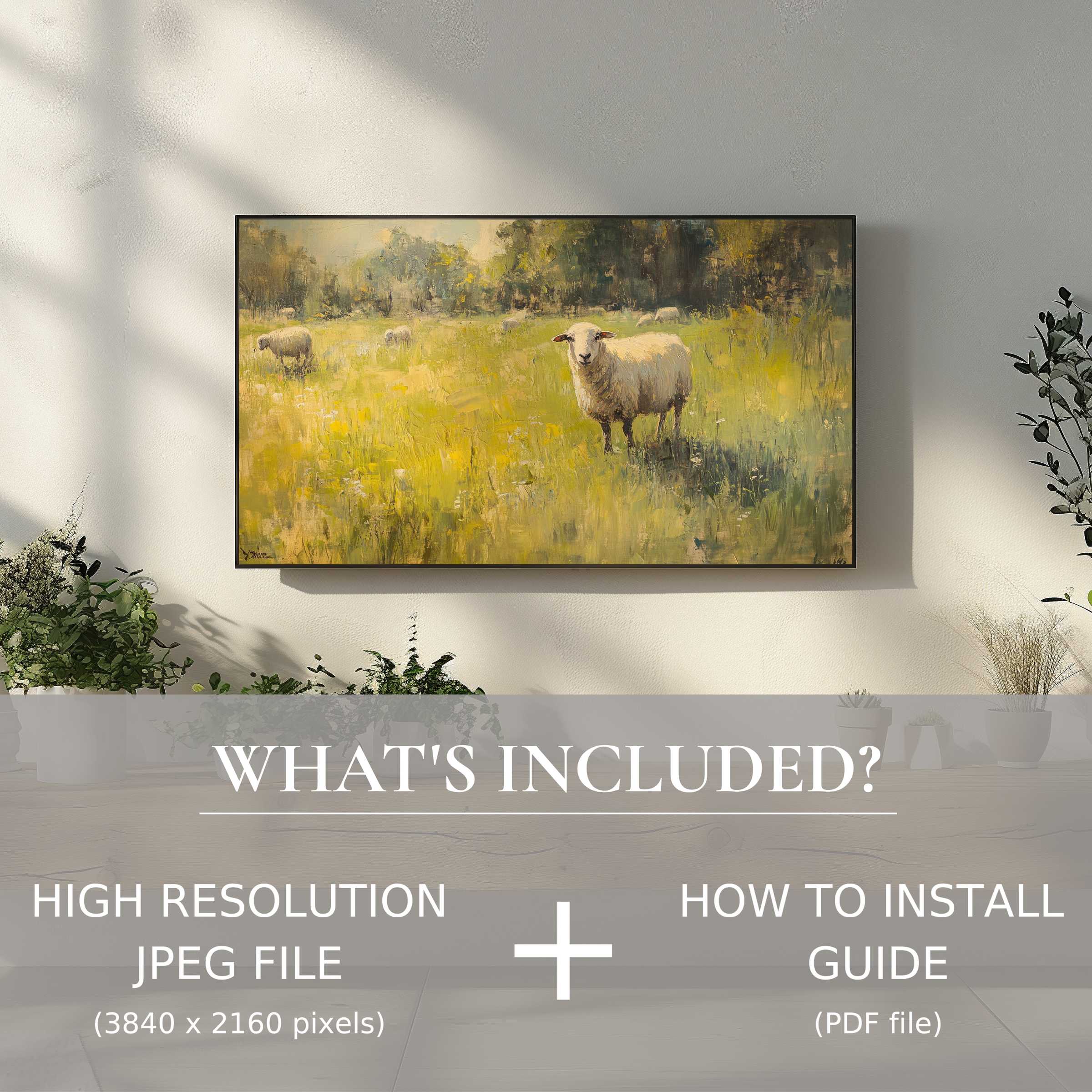 Elegant living room with vintage digital TV art download, easy to use, enhancing serene, stylish spaces with pastoral charm