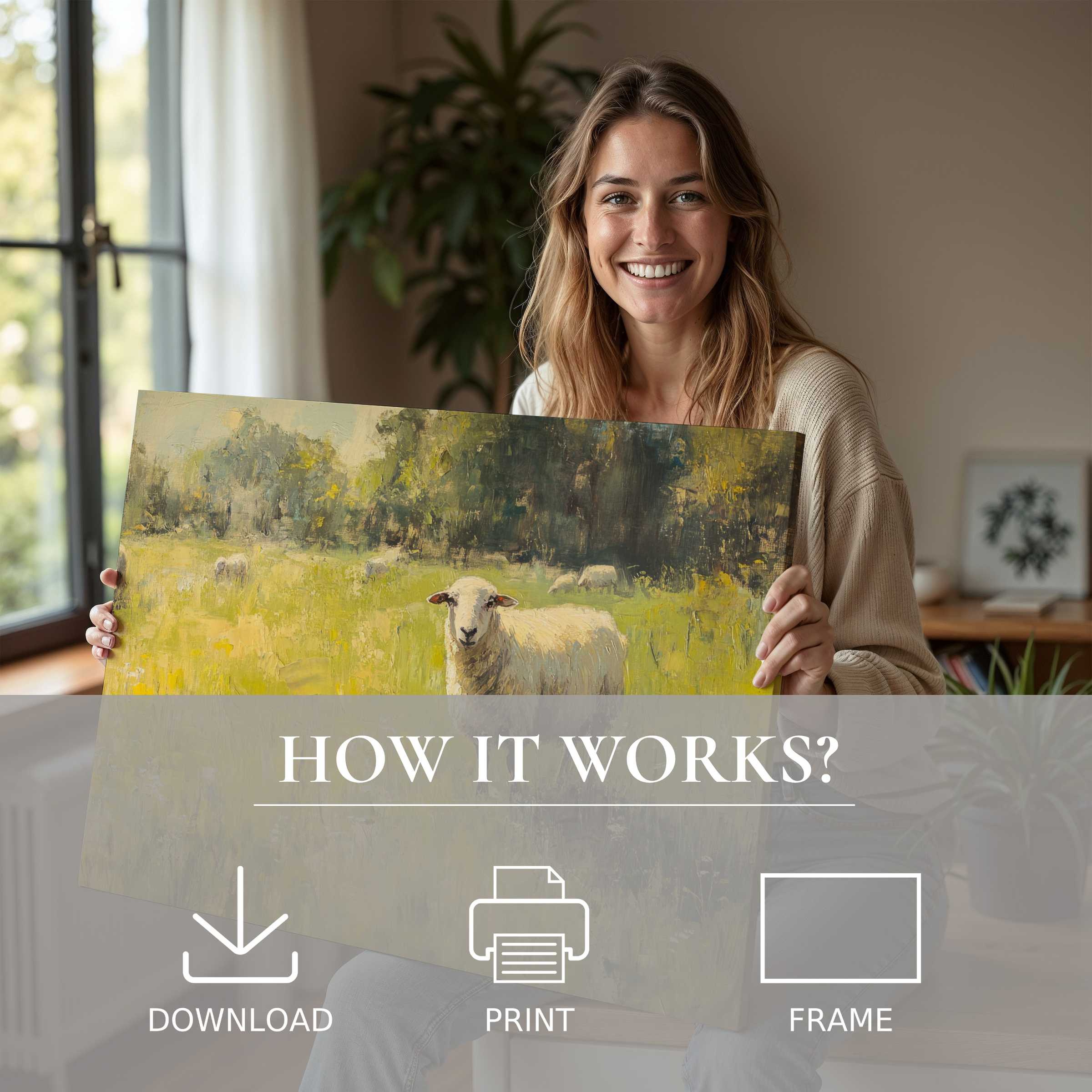 Warm sunlight bathes a serene room where joy meets art in a vintage digital art print, inviting tranquil beauty indoors