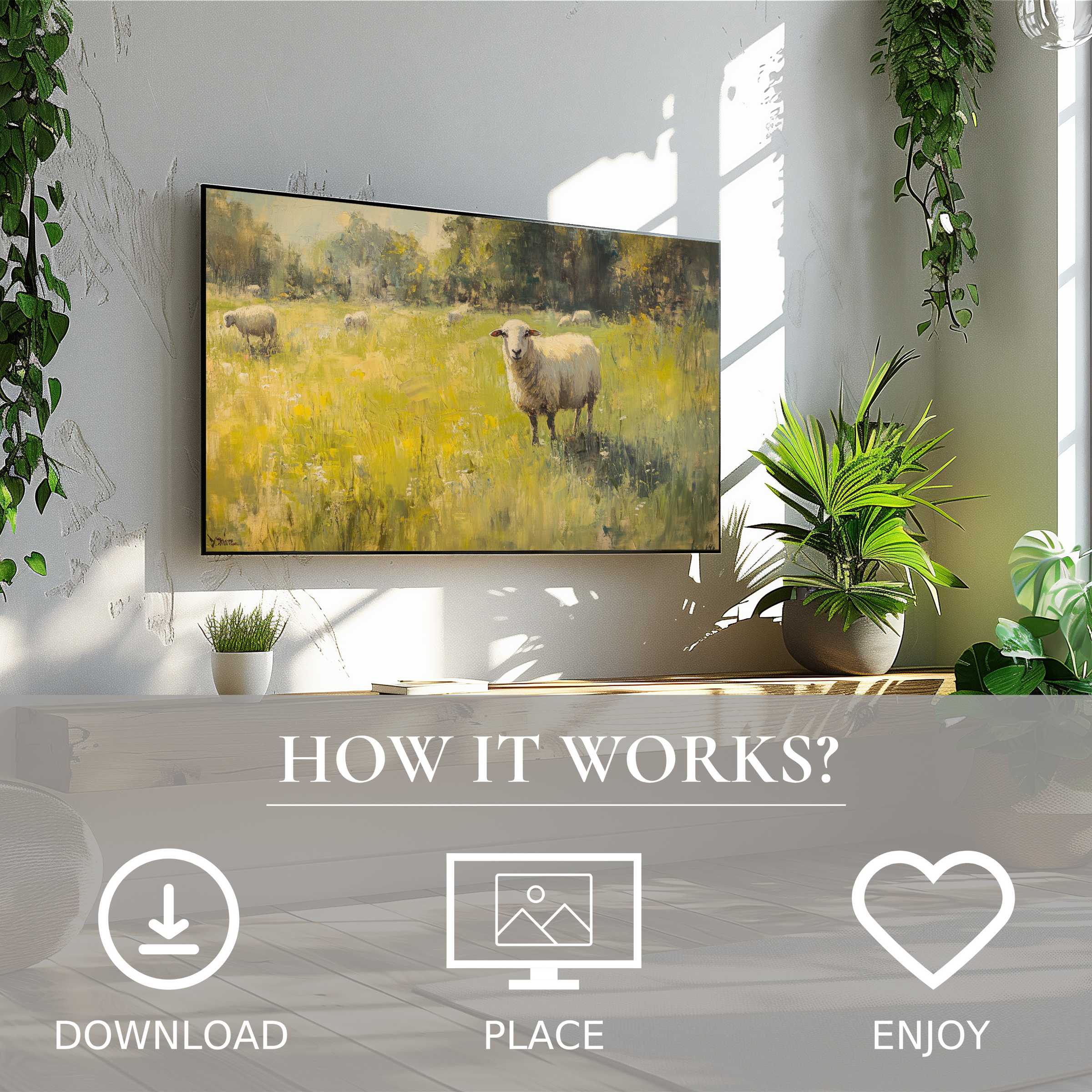 Vintage art for Samsung TV shows a serene sheep meadow in soft natural tones; easy digital download enhances modern spaces