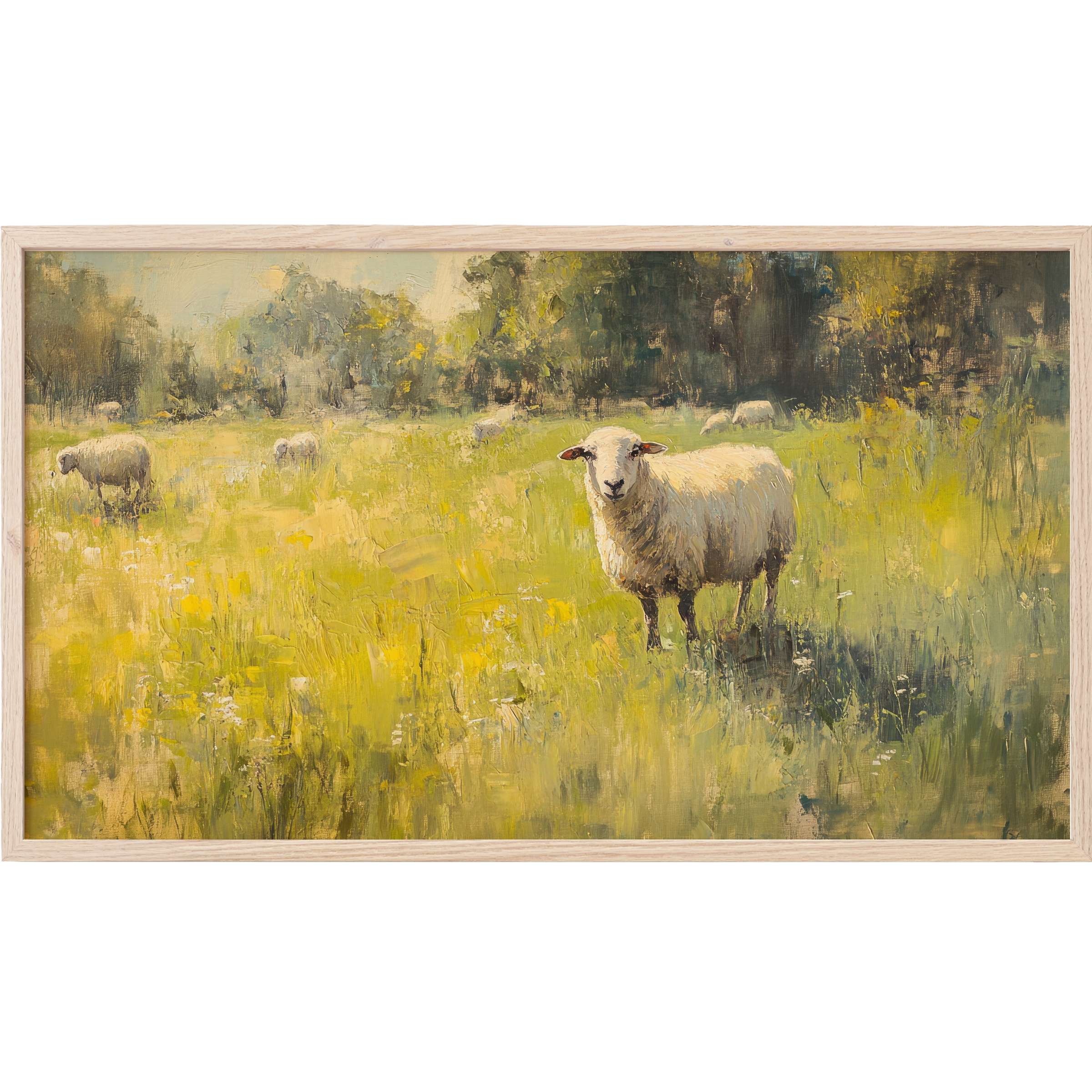 Vintage Frame TV Art depicting serene sheep grazing in lush yellow-green meadow, with soft, impressionist brushstrokes