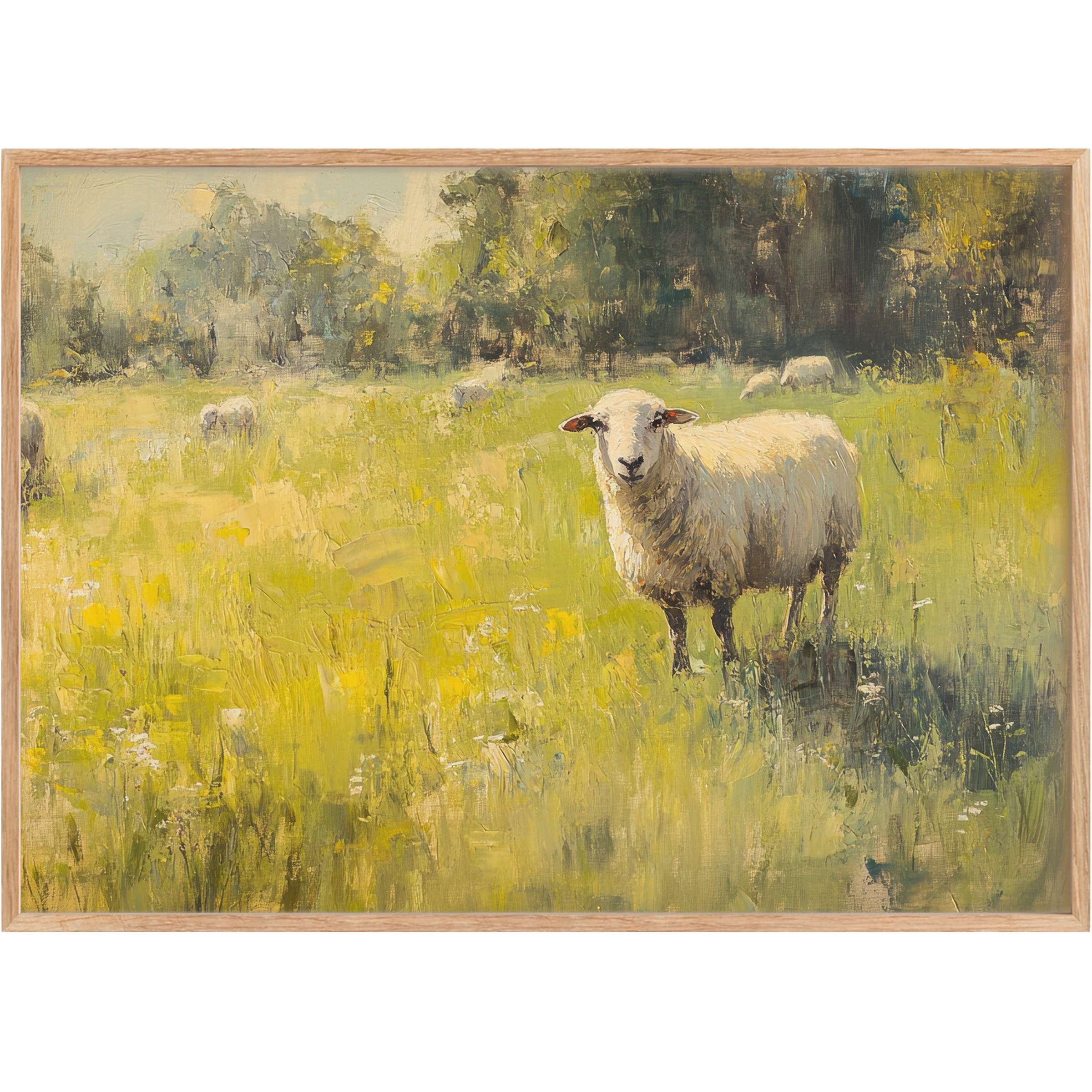 Vintage printable wall art capturing a tranquil pastoral scene, with soft greens and golden light evoking warmth and serenity