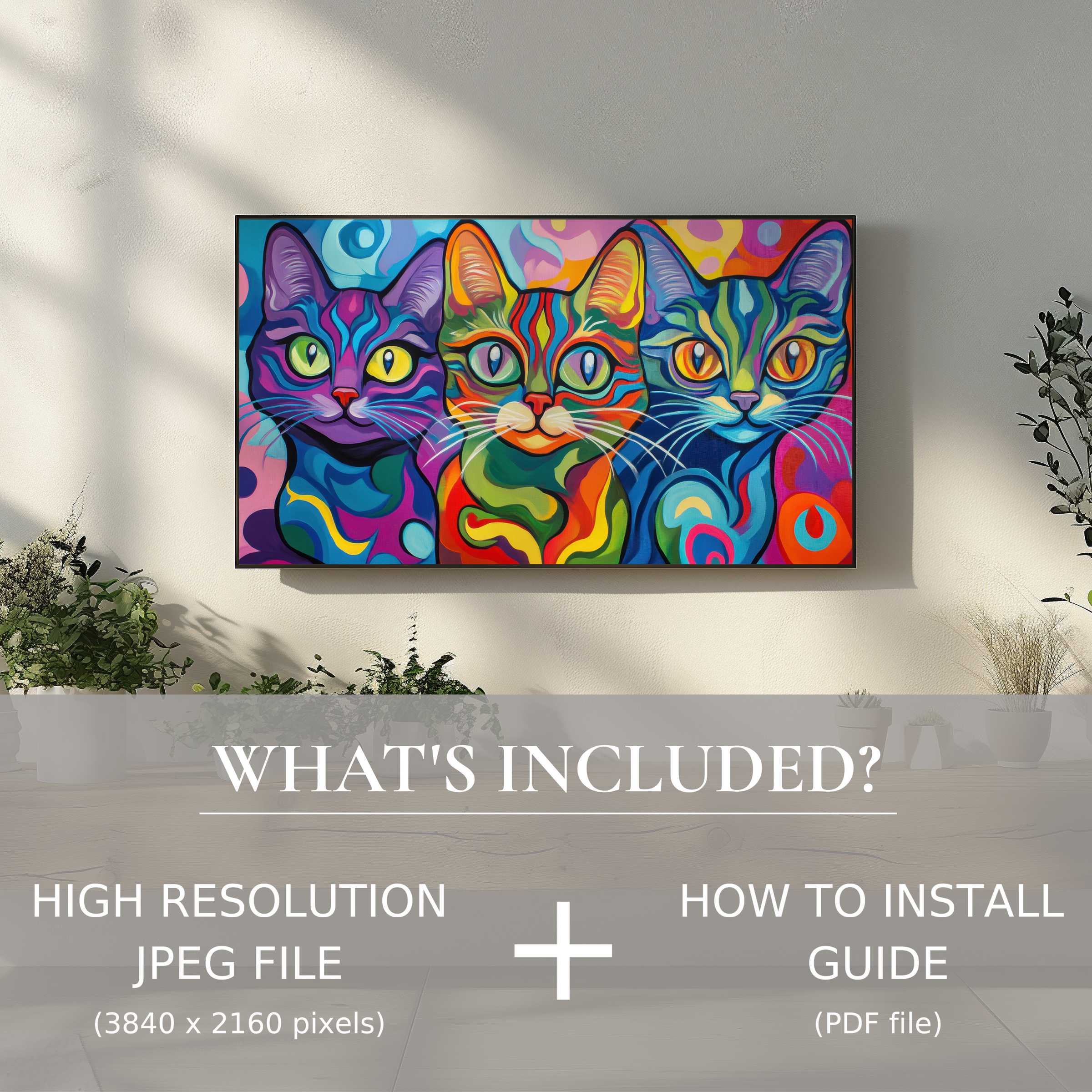 Stylish living room featuring pop art digital TV art download with vivid cats, easy use, elevating modern decor effortlessly