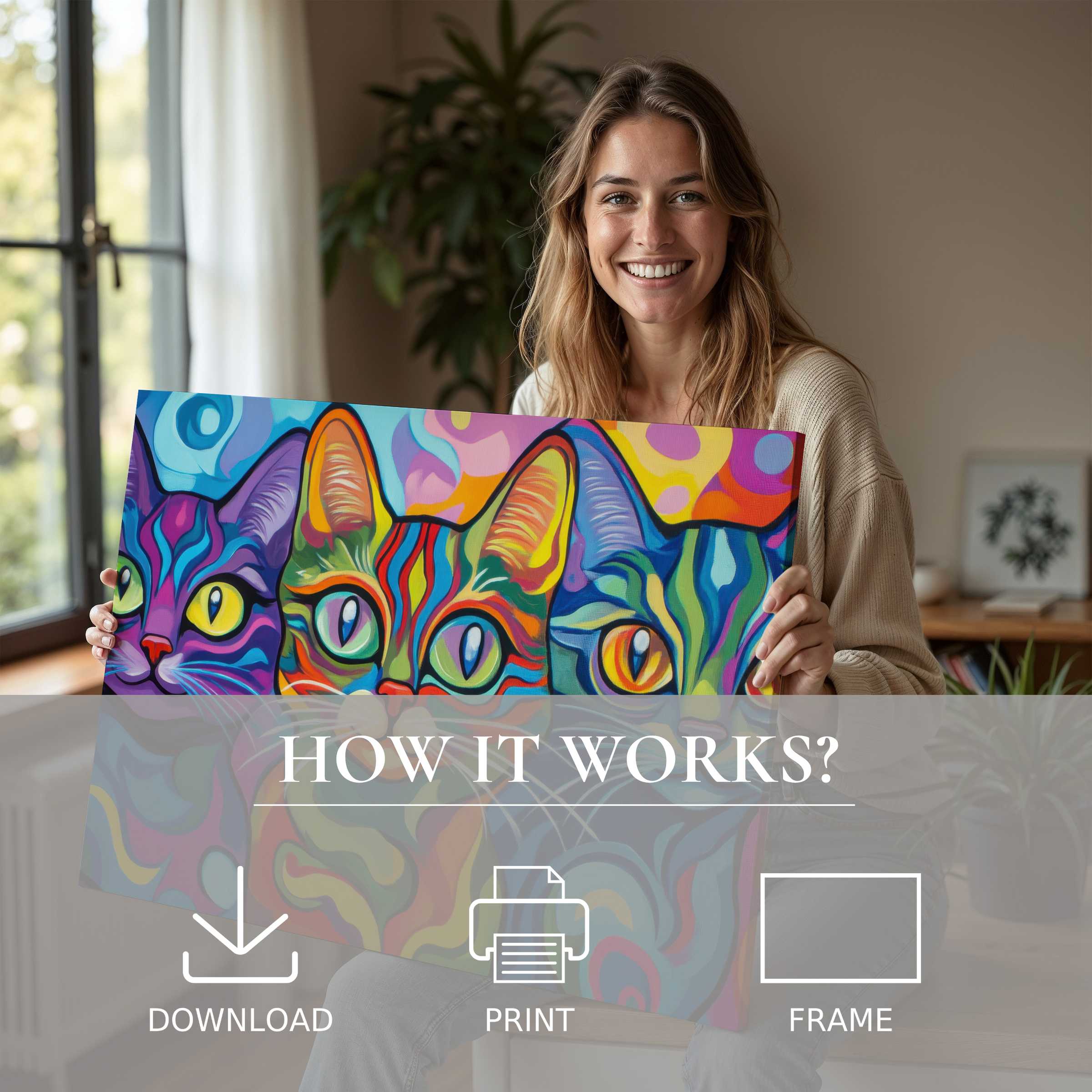 A joyful moment unfolds as vibrant pop art digital art print transforms a serene modern home, blending ease with living beauty