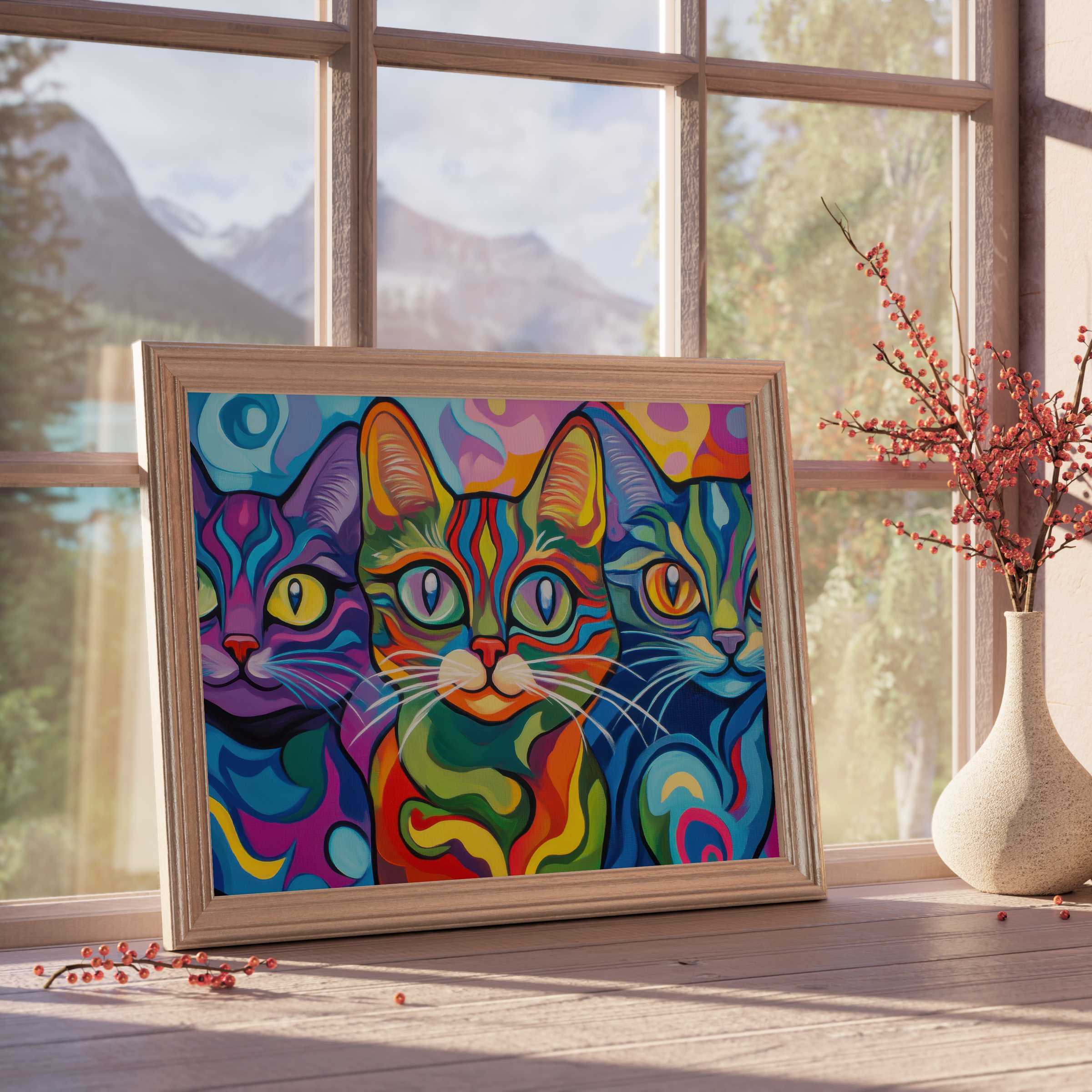 Vibrant pop art downloadable art featuring triad of colorful cats, enriching curated interiors with bold, joyful energy and design-forward charm