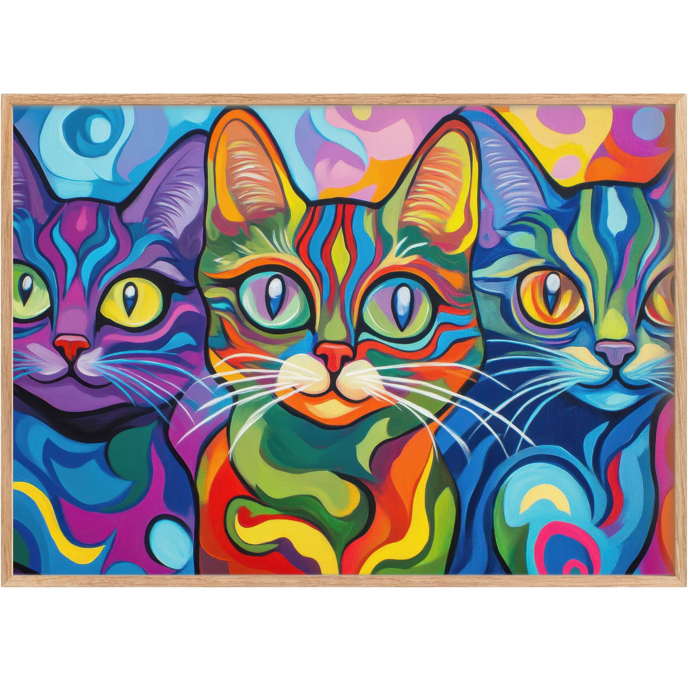 Vibrant pop art printable wall art featuring three stylized cats in bold blues, purples, and fiery oranges, radiating playful energy and modern charm
