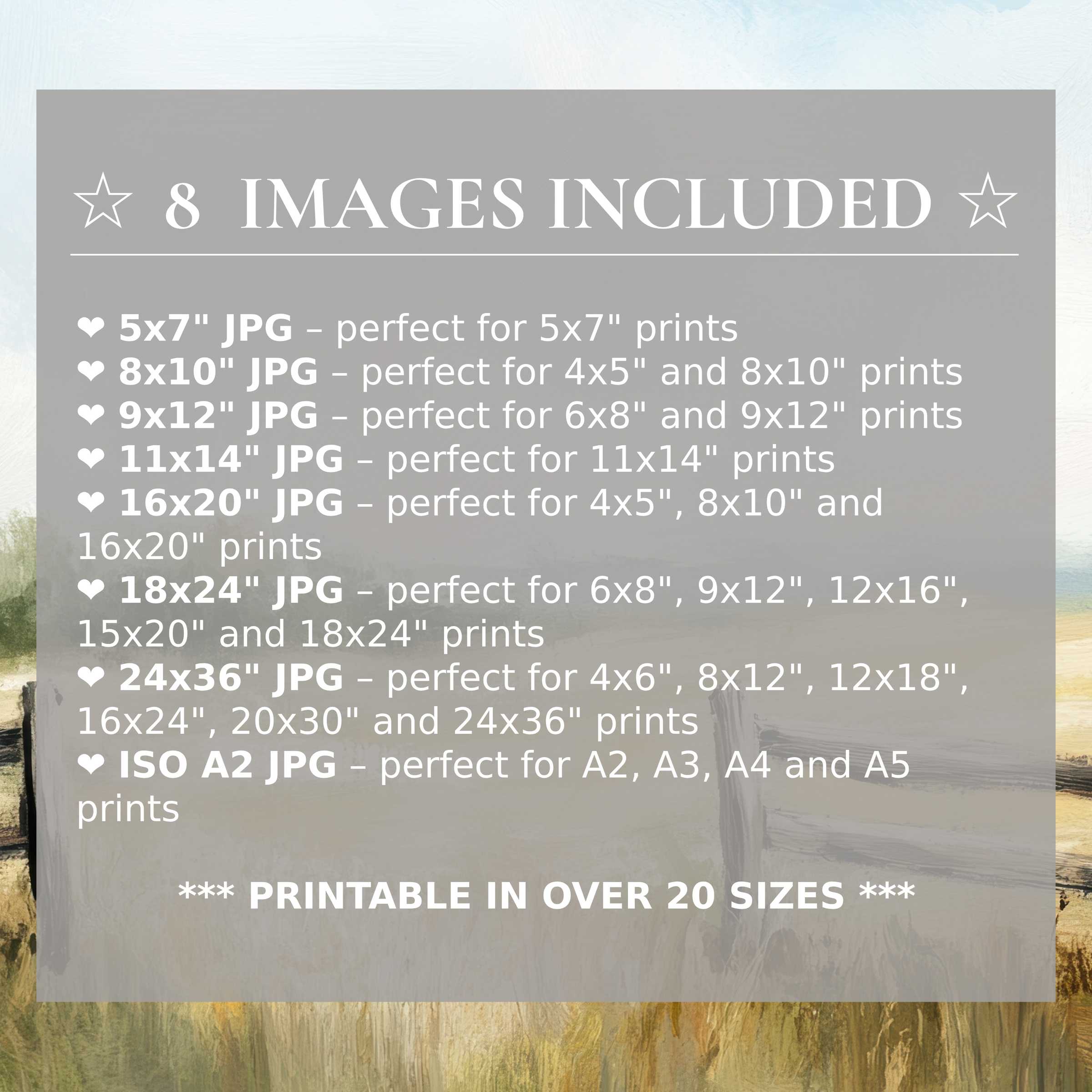 Farmhouse digital print in warm earth tones and soft blues, radiating calm sophistication; includes 8 high-quality sizes