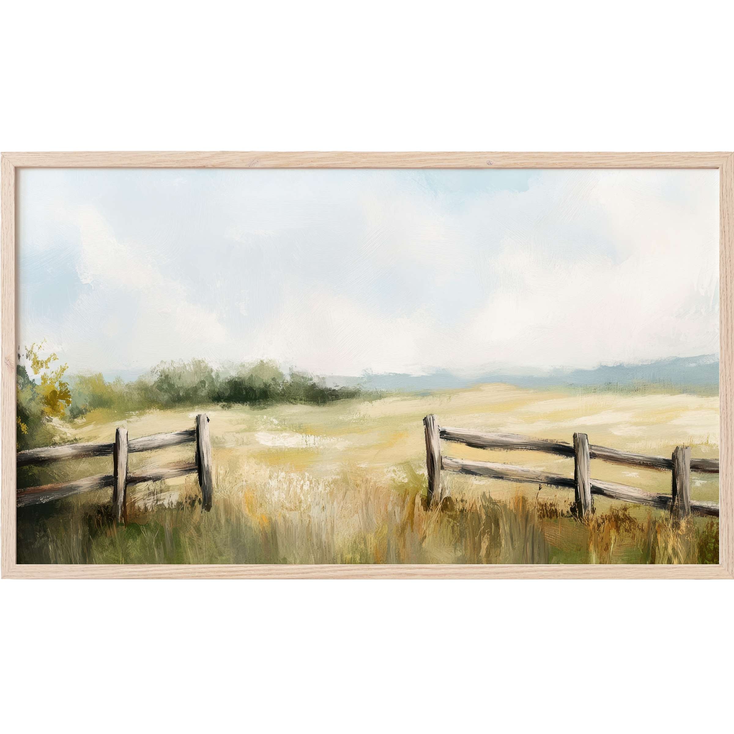 Serene pastoral landscape in soft earth tones with rustic fence, embodying Farmhouse Frame TV Art elegance